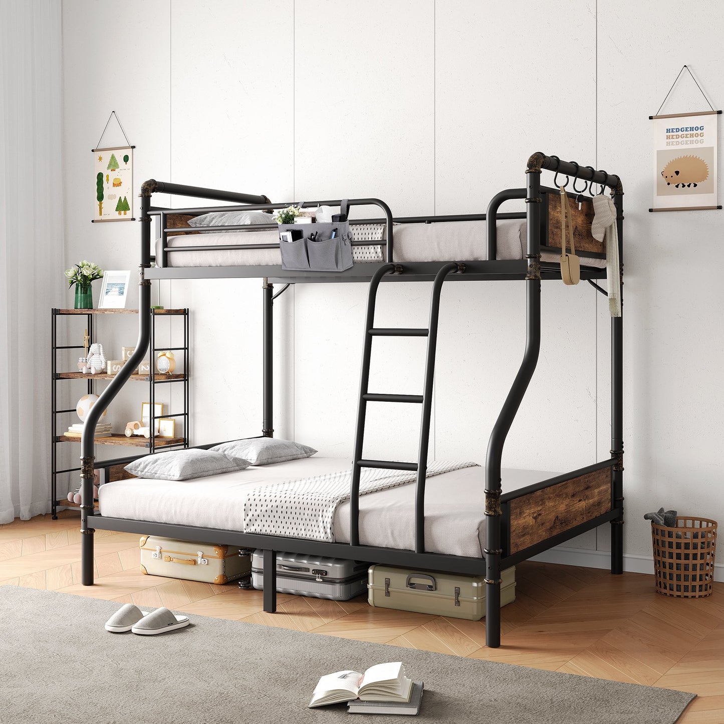 Hijob Twin over Full Bunk Bed, Antique Heavy Duty Metal Bed Frame with Storage Bag&Hooks for Adults Teens, Convertible into 2 Seperate Beds, Black&Brown