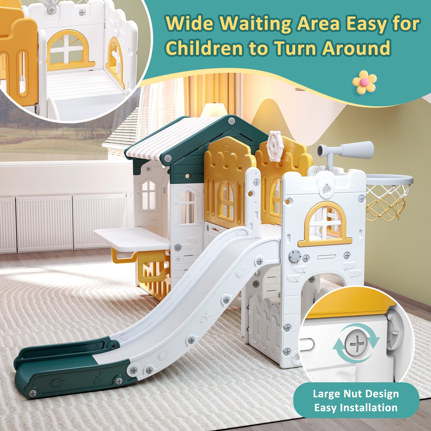 Vipuse Playhouse Playsets with Slide, 9 in 1 Playground Toddler Slide for Indoor Outdoor Backyard,Yellow & Green