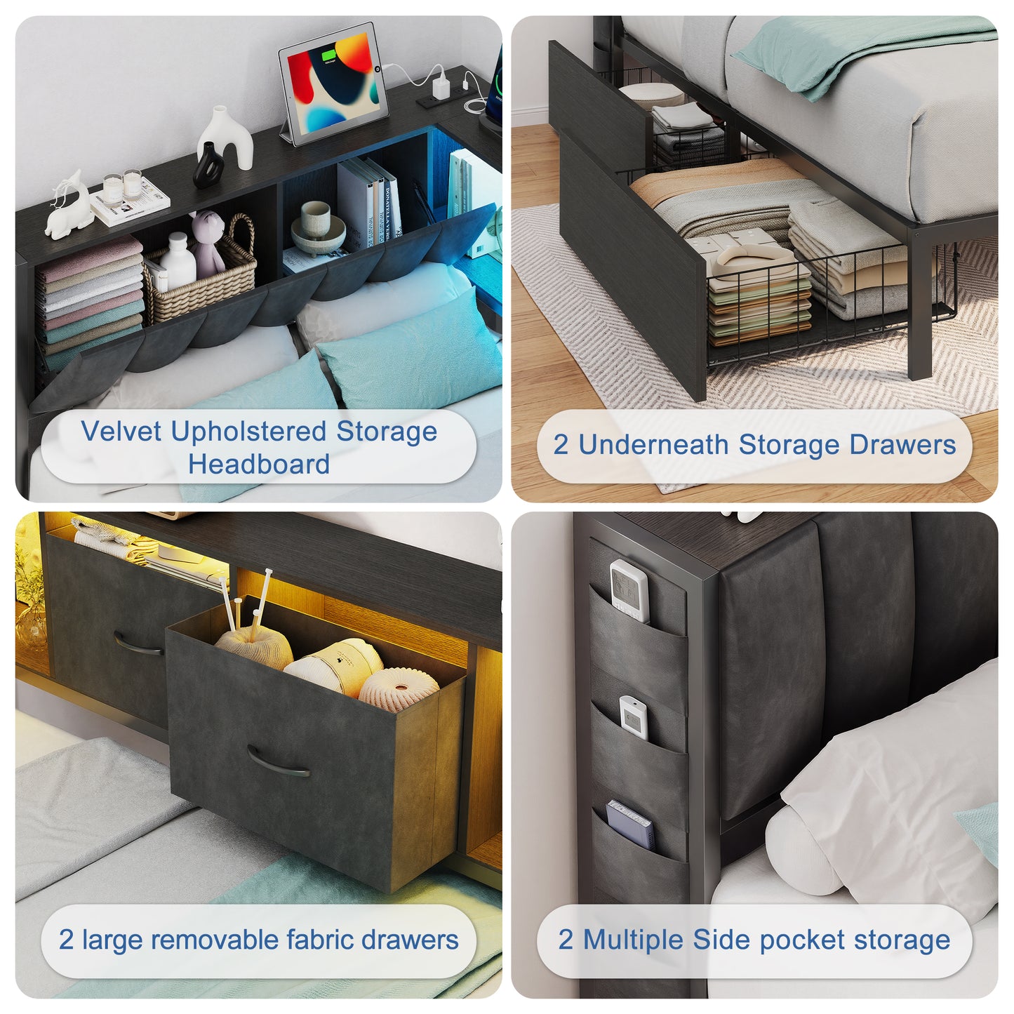 HiJob Full Corner Bed Frame with Upholstered Storage Headboard, 2 Large Storage Drawers