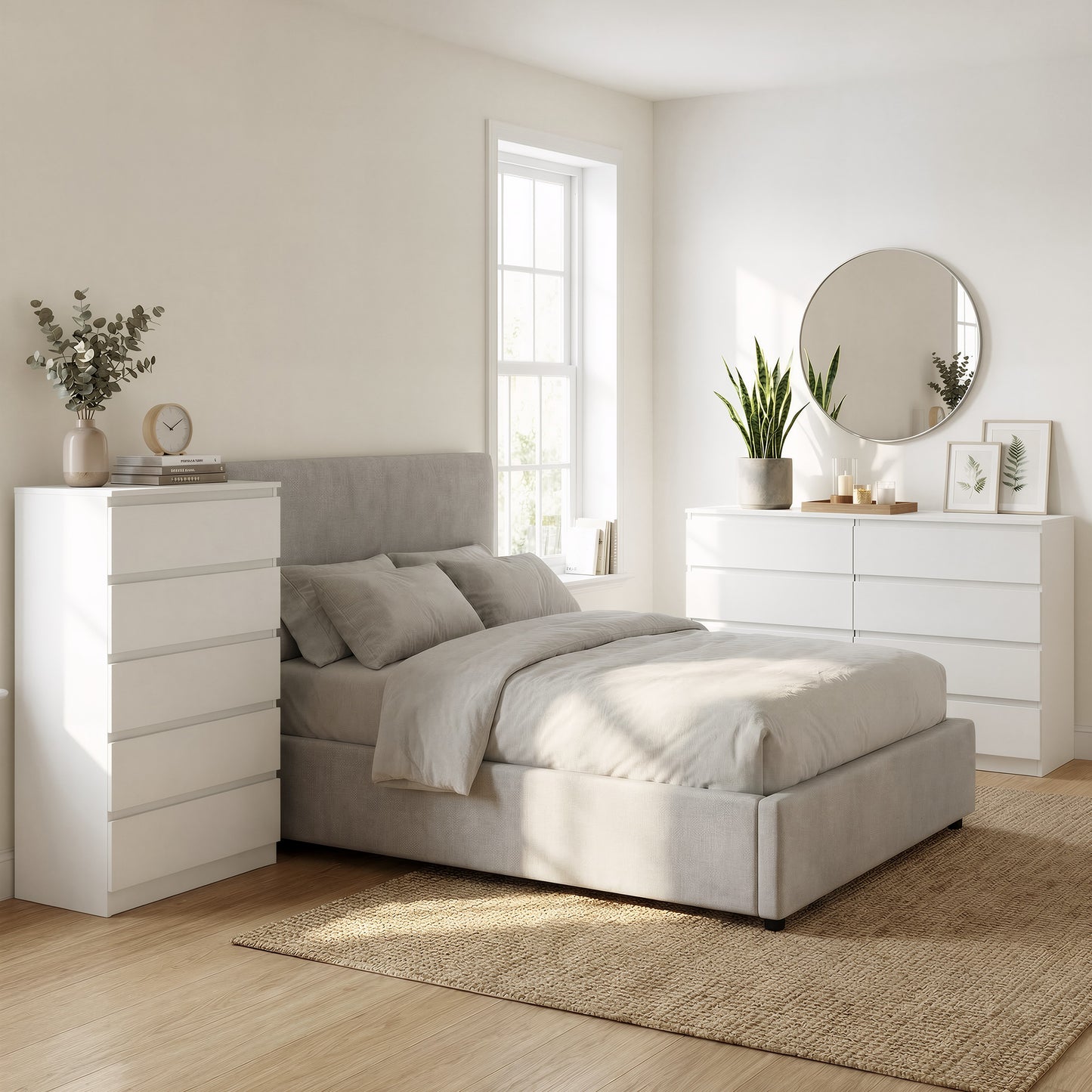 Hijob 5 Drawer Dresser, Modern Storage Cabinet for Bedroom, 40" Tall Chest Mid Century Vertical Dresser w/Natural Texture of Drawers for Living Room, Bed room, White