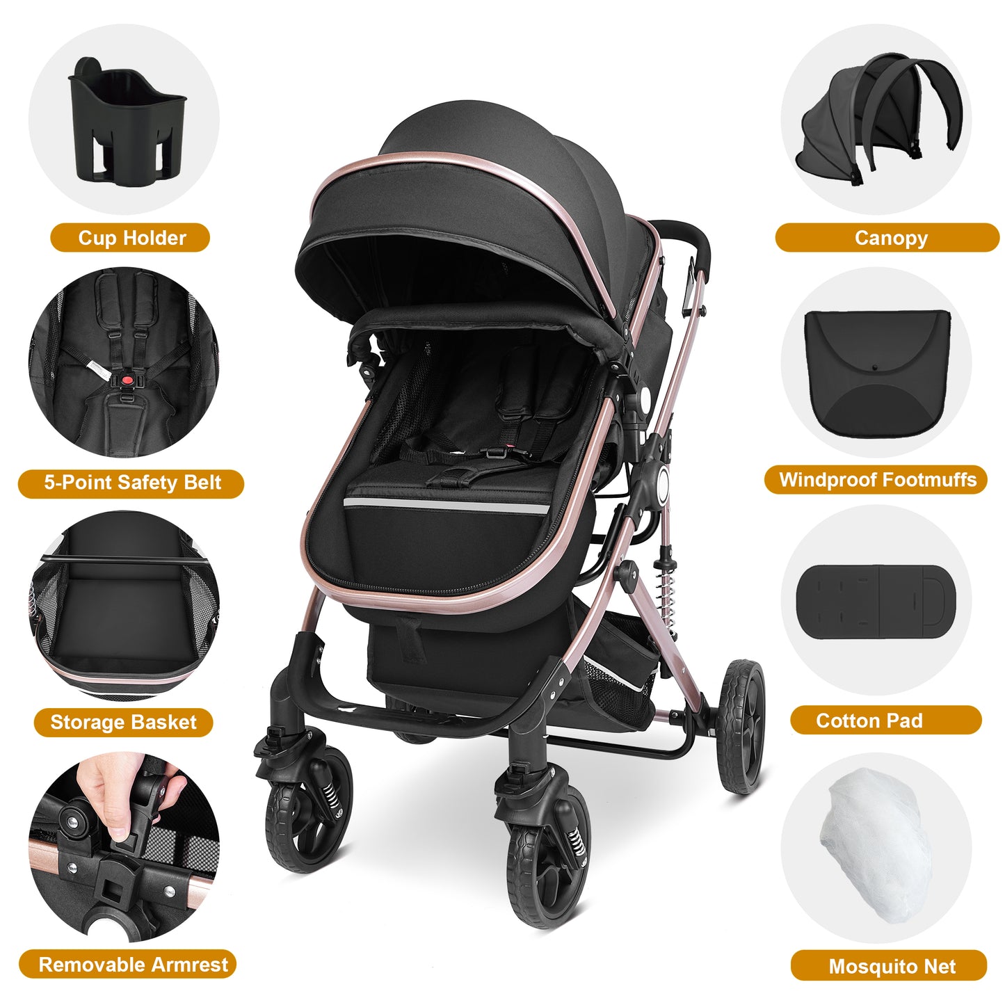 Welbabel Coches Para Bebes,Foldable Baby Stroller Reversible Bassinet,Mom Push Stroller with Adjustable Canopy,Removable Footmuff, Adjustable Backrest,Toddler Stroller for 0-36 Months Baby,Black