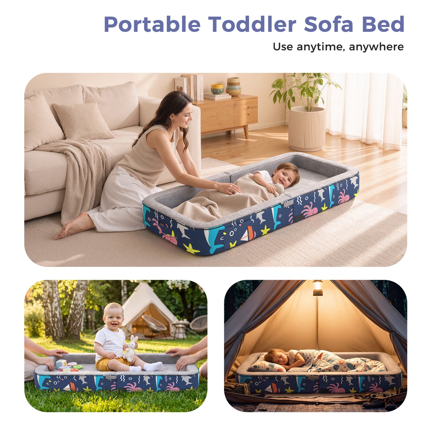 Minikid 3-in-1 Toddler Travel Bed,Foldable Kid Toddler Sofa Bed for Kids Camping Vacation,Memory Foam Filling,Grey