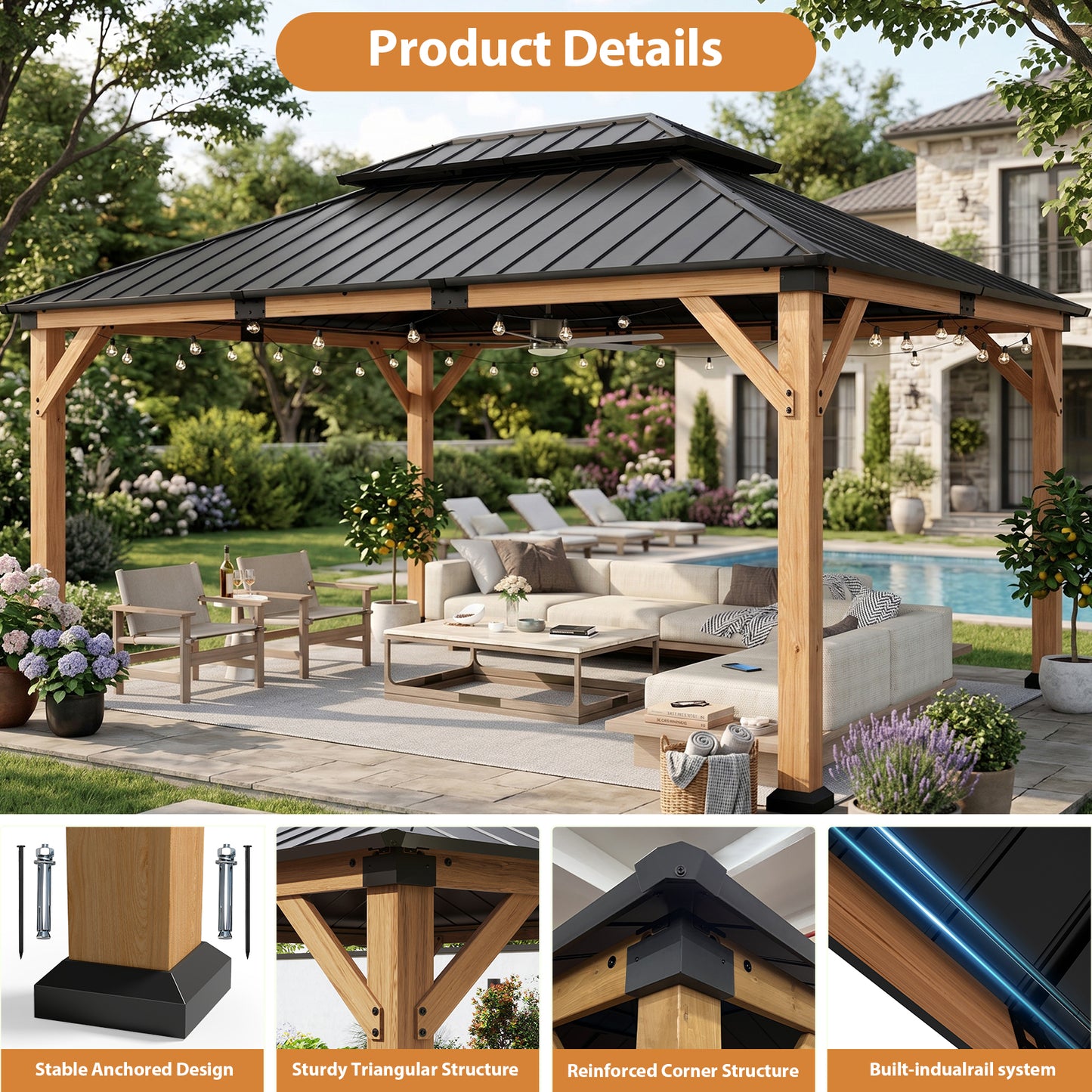 Cocosity 16FT(L) x 12FT(W) x 9.5FT(H) Outdoor Wood Gazebo, Hardtop Gazebo Permanent Wooden Pavilion with Galvanized Steel Double, Roof Snow Support for Patio, Garden, Deck, Cedar Wood