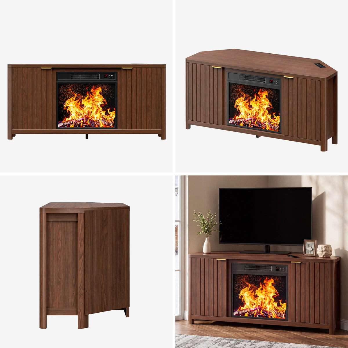 HiJob Electric Fireplace TV Stand with 18" Fireplace for 65" TVs, Holds up to 330 lbs, Corner Fireplace Entertainment Center with Charging Station, Walnut
