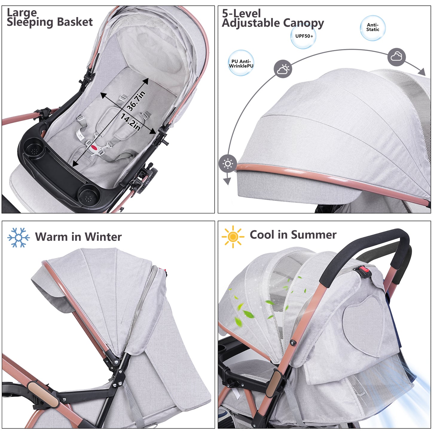 Welbabel Foldable Baby Stroller,Infant Pram Stroller Convertible Into Rocking Chair, Bassinet Stroller for Toddler,Adjustable Canopy & Backrest,Oversize Basket,Two-Way Push,Gray