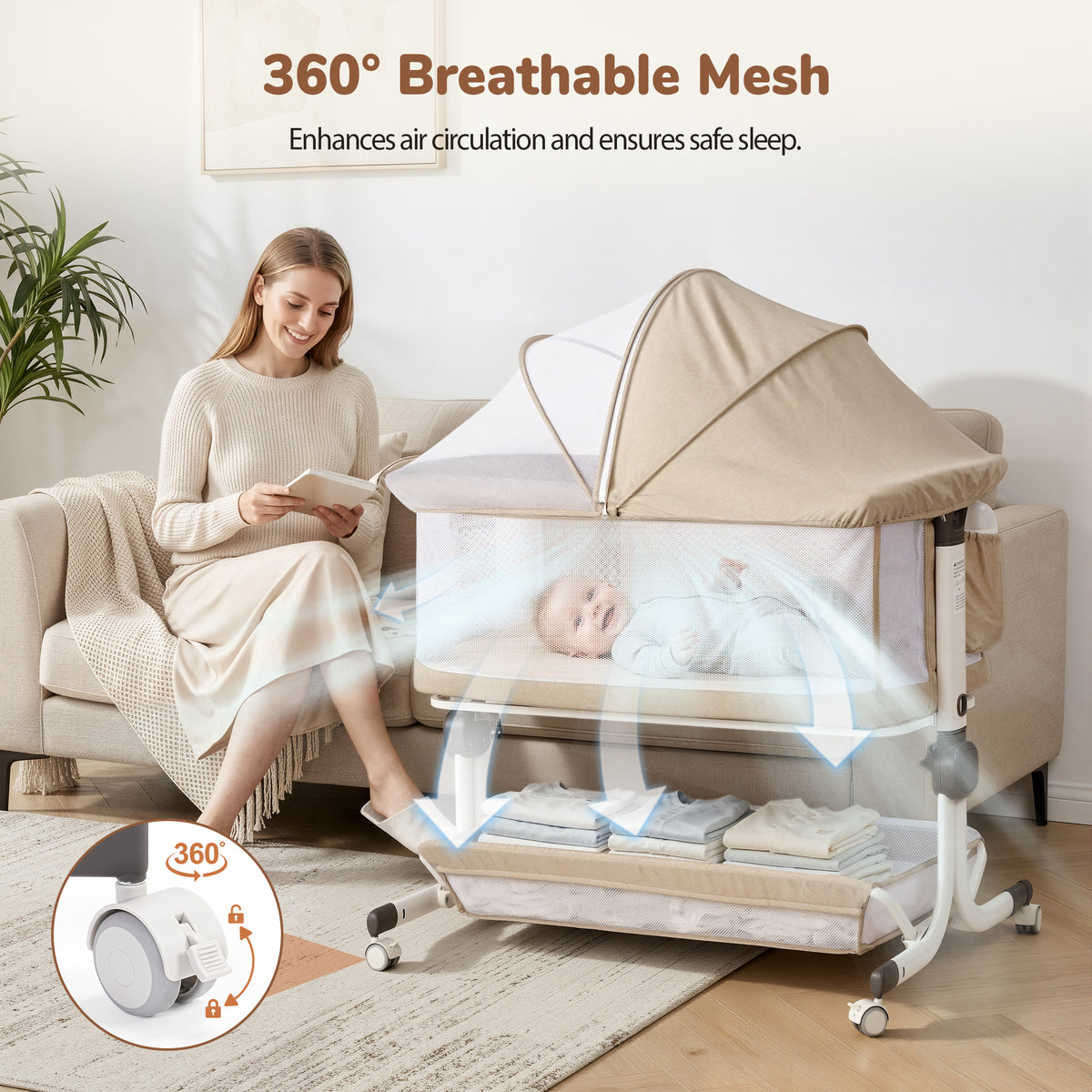 Vipuse 3-in-1 Baby Bassinet Bedside Sleeper, 6 Height Adjustments, Full Mesh Breathable, Portable Newborn Baby Crib with Storage Basket,Oatmeal