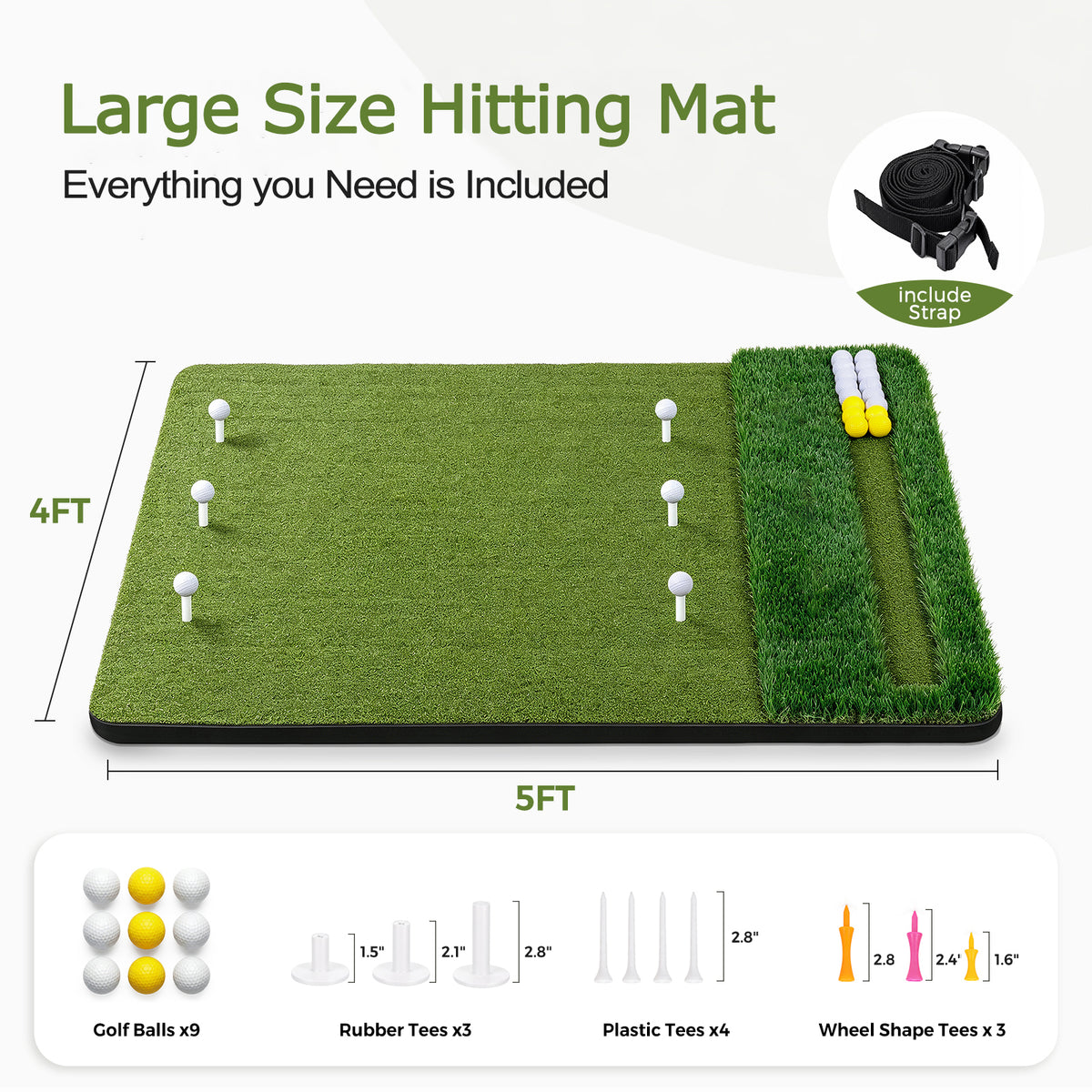 Vipuse 5*4FT Premium Golf Hitting Mat - Indoor/Outdoor Golf Practice Mat with Fairway & Rough Turf, Includes Golf Balls, Tees & strap, Perfect for Swing, Chipping & Driving Training for All Skil
