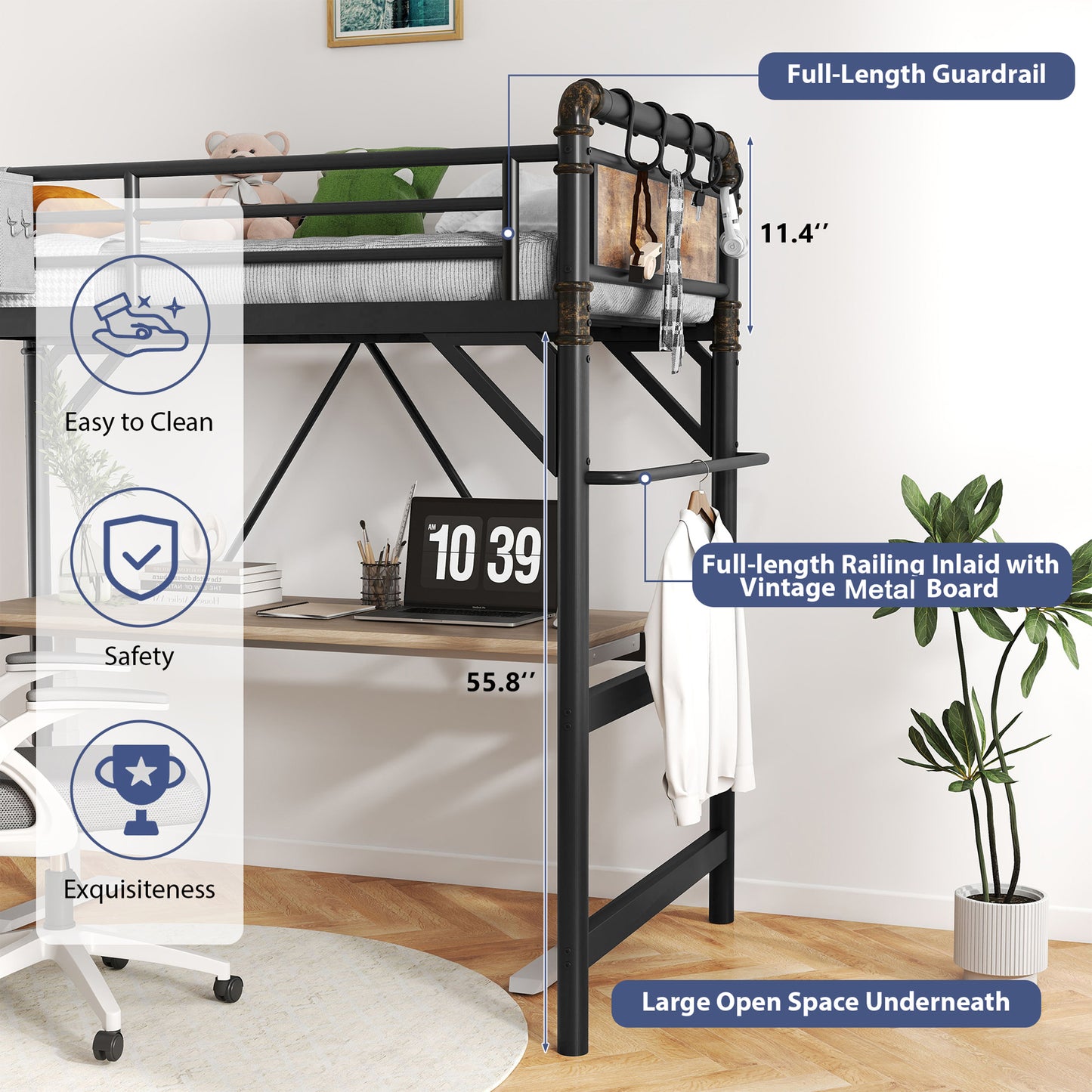 Hijob Twin Size Loft Bed with Removable Charging Station, LED Lights, Industrial Heavy Duty Metal Twin Loft Bed with Multi-functional Fabric Storage and Safety Guard Rails for Space, Black