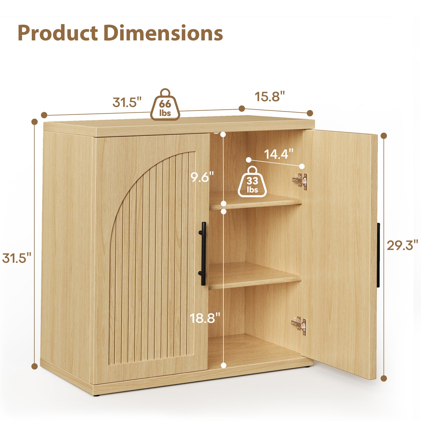 Anyact Modern 2 Door Sideboard, 32" Tall Sideboard Cabinet with Metal Handle w/Curved Profile Design, Wood Mid Century Vertical Dresser w/Natural Texture for Living Room, Natural Oak