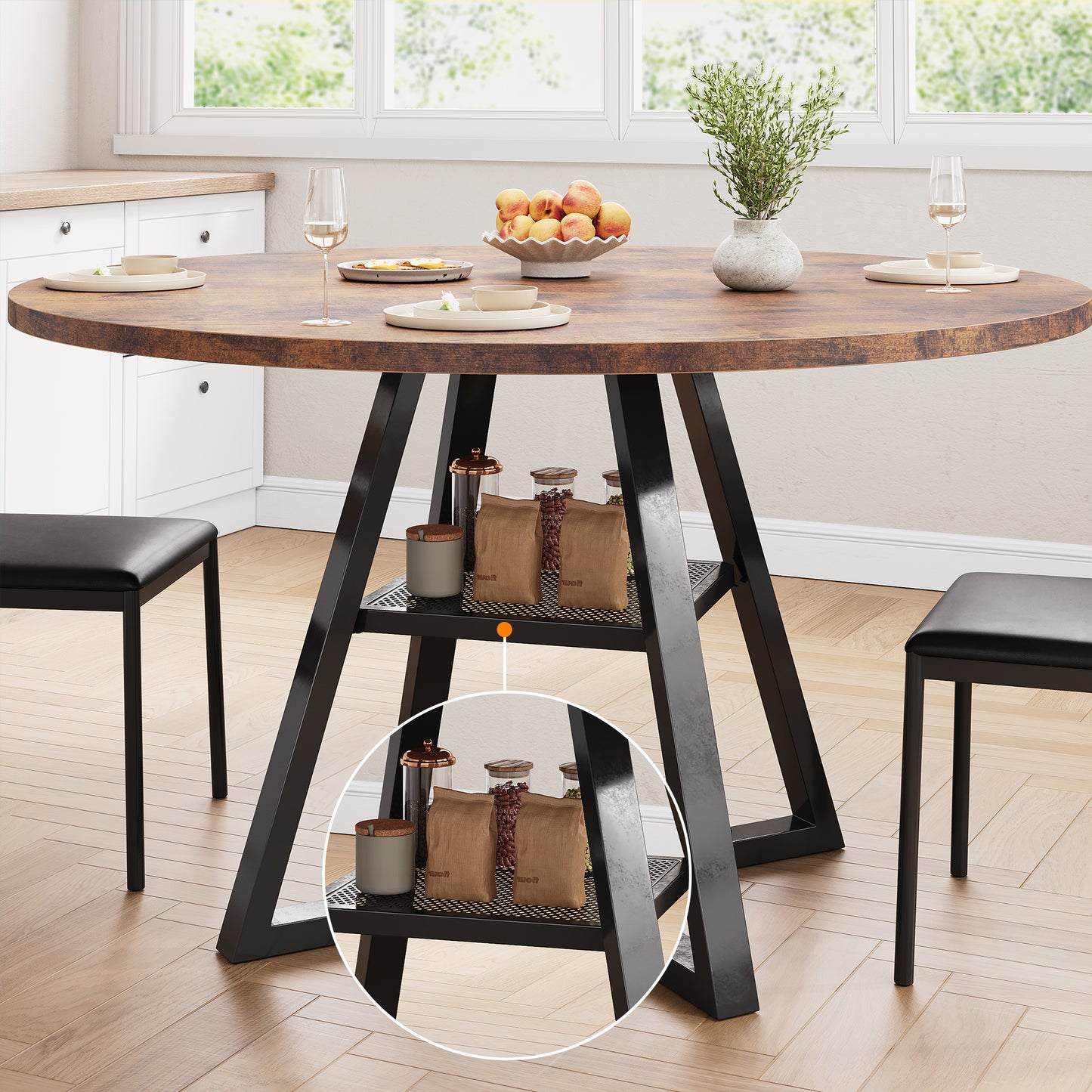 Anyact 47 inch Wood Dining Table for 4, Round Kitchen Dining Table with Storage Shelf for Home Dining Room Living Room, Brown(Only Table)