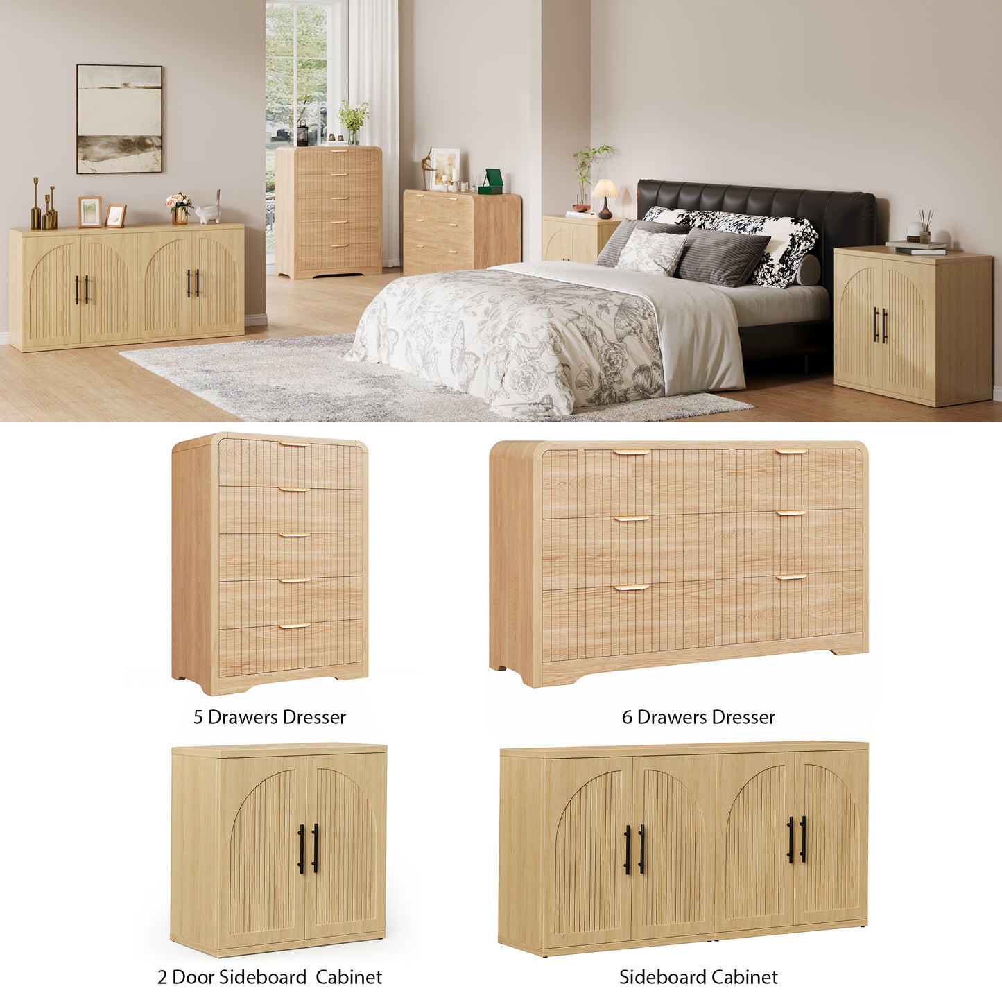 Hijob Fluted 5 Drawers Dresser for Bedroom, 42" Tall Dressers with Metal Handle w/Curved Profile Design, Wood Mid Century Vertical Dresser w/Natural Texture for Bedroom, Living Room, Natural Oak