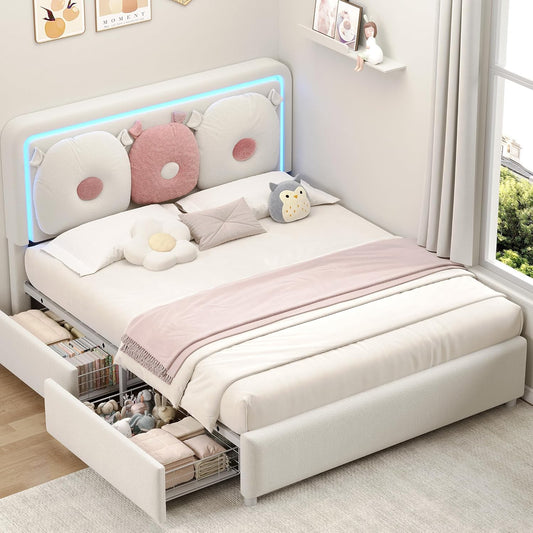 Anyact Queen Size Bed Frame with 2 Storage Drawers, Removable Pillow, LED Light Platform Bed with Teddy Velvet Headboard, Beige