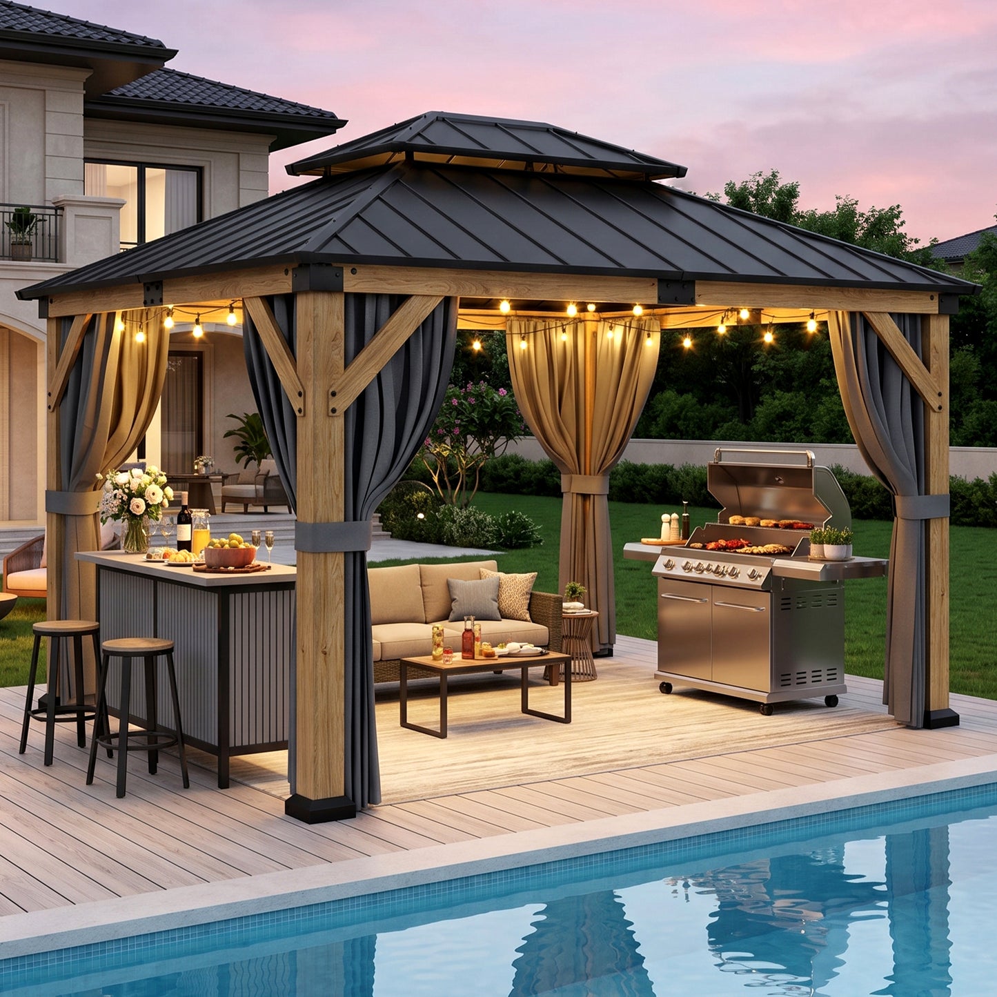 Cocosity  12FT(L) x 10FT(W) x 9.5FT(H) Outdoor Hardtop Wood Gazebo with Netting & Curtains, All-Weather Permanent Wooden Pavilion with Double Metal Roof for Patio, Backyard, Deck, and Lawn
