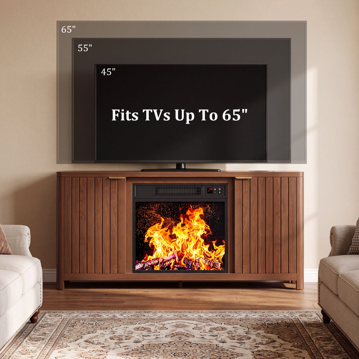 HiJob Electric Fireplace TV Stand with 18" Fireplace for 65" TVs, Holds up to 330 lbs, Corner Fireplace Entertainment Center with Charging Station, Walnut