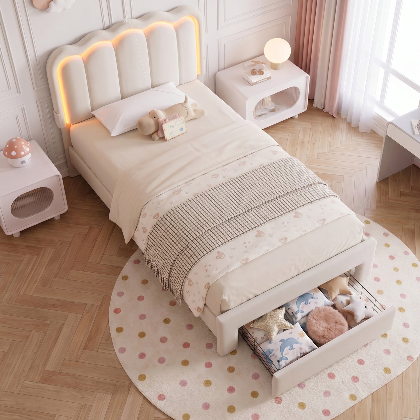 Hijob Twin Size LED Bed Frame for Girls/Kids with Storage Drawers, Velvet Upholstered Platform Bed with Adjustable Headboard, No Box Spring Needed, Beige