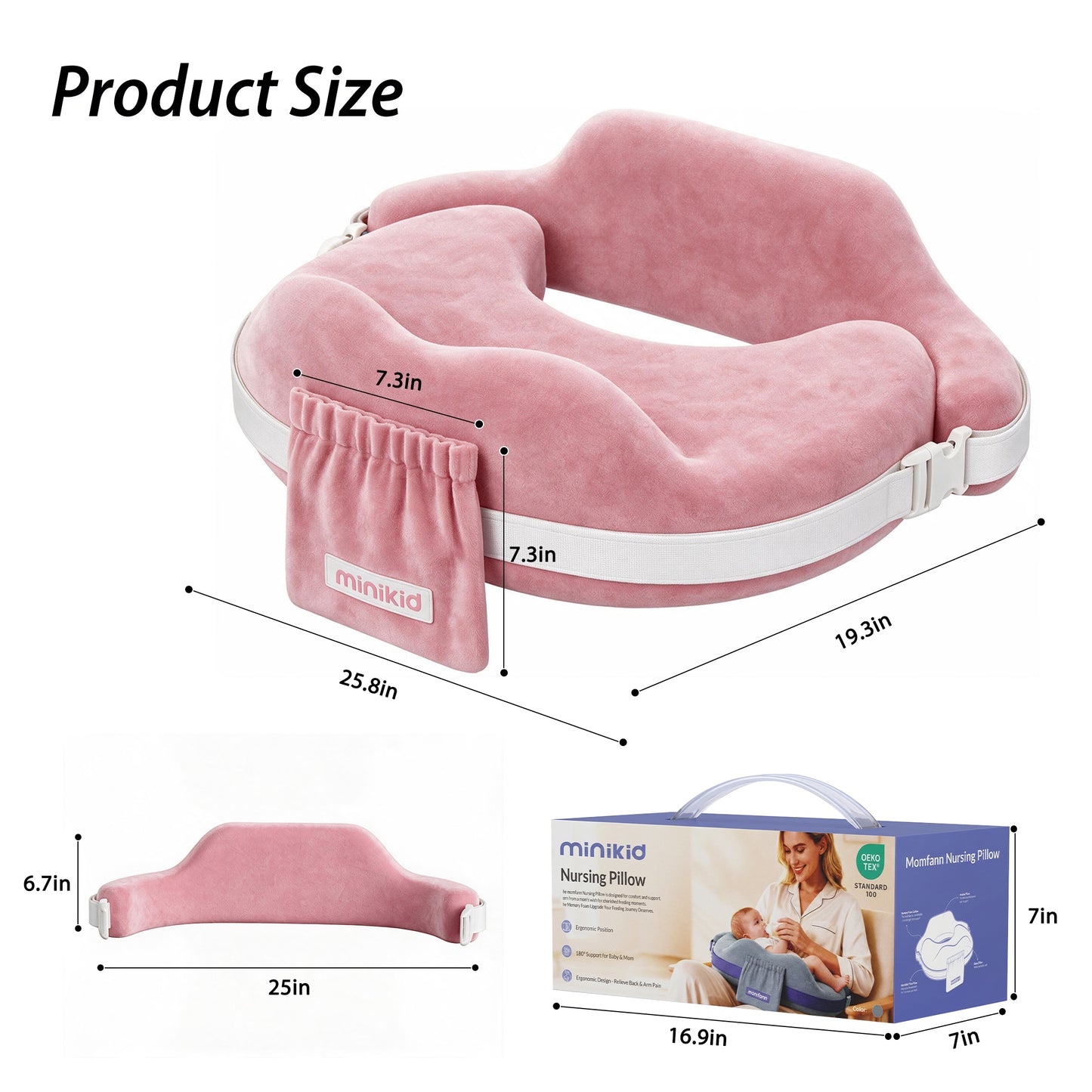 Vipuse Nursing Pillow for Breastfeeding,60D Firm Memory Foam, Ergonomic Design with Lumbar & Arm Support, Safety Fence, Adjustable,Safe and Comfortable Feeding,Pink