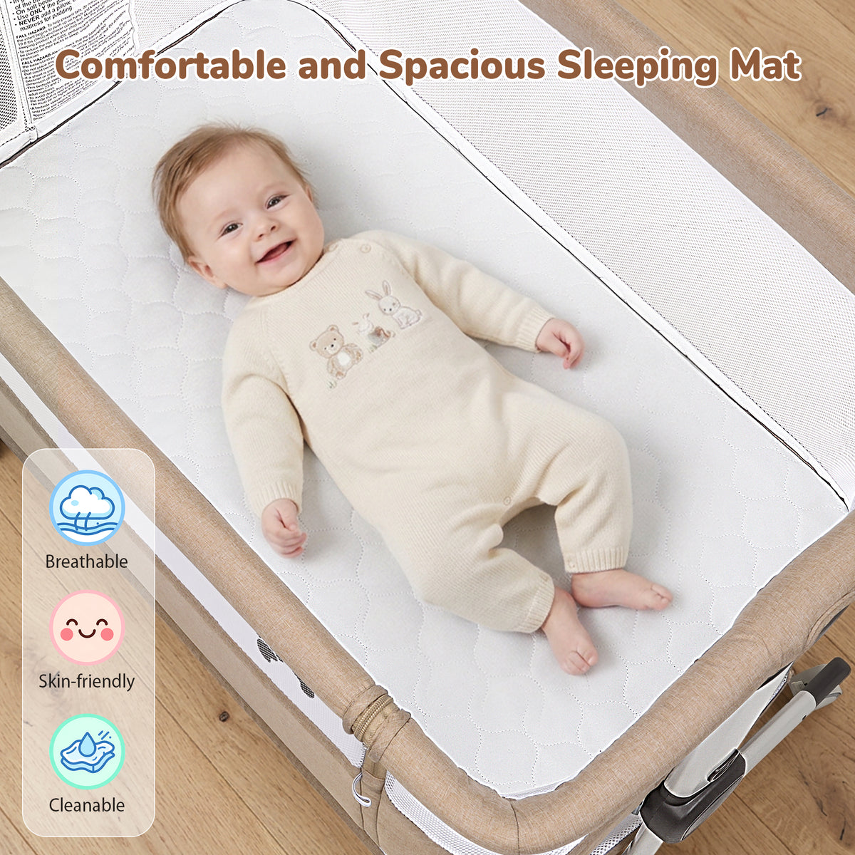 Vipuse 3-in-1 Baby Bassinet Bedside Sleeper, 6 Height Adjustments, Full Mesh Breathable, Portable Newborn Baby Crib with Storage Basket,Oatmeal