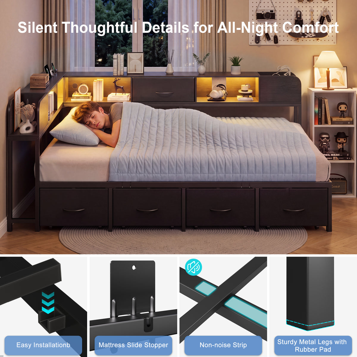HiJob Twin Corner Bed Frame with 4 Large Underbed Drawers, Bookshelf, RGB LED Lights and Charging Station, L-Shaped Metal Twin Daybed for Bedroom, Apartment, Black