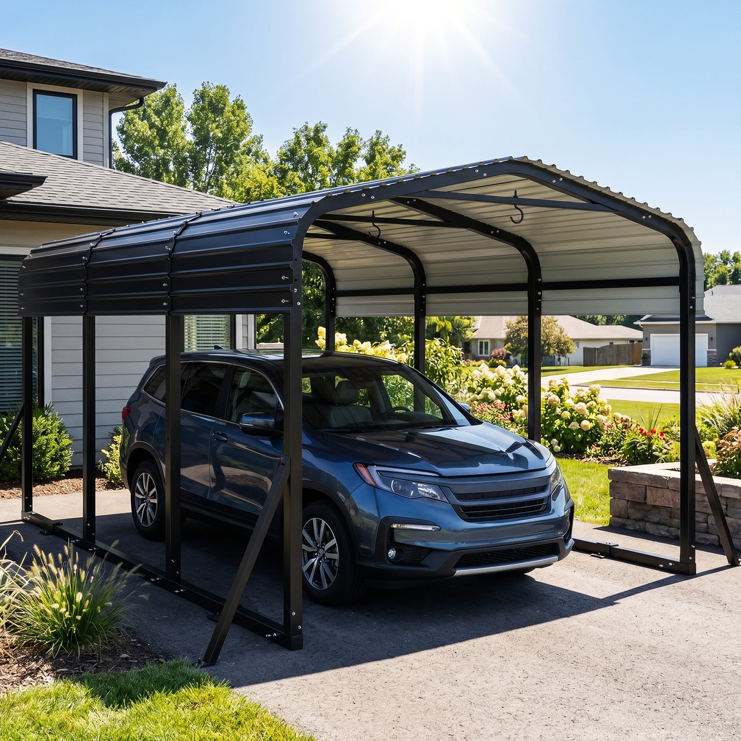 Cocosity 10x15 FT Outdoor Metal Hardtop Carport with All-Weather Galvanized Steel Roof, Multi‑Use Heavy Duty Car Shelter with Reinforced Ground Anchors for Cars, Boats, Tractor, Black
