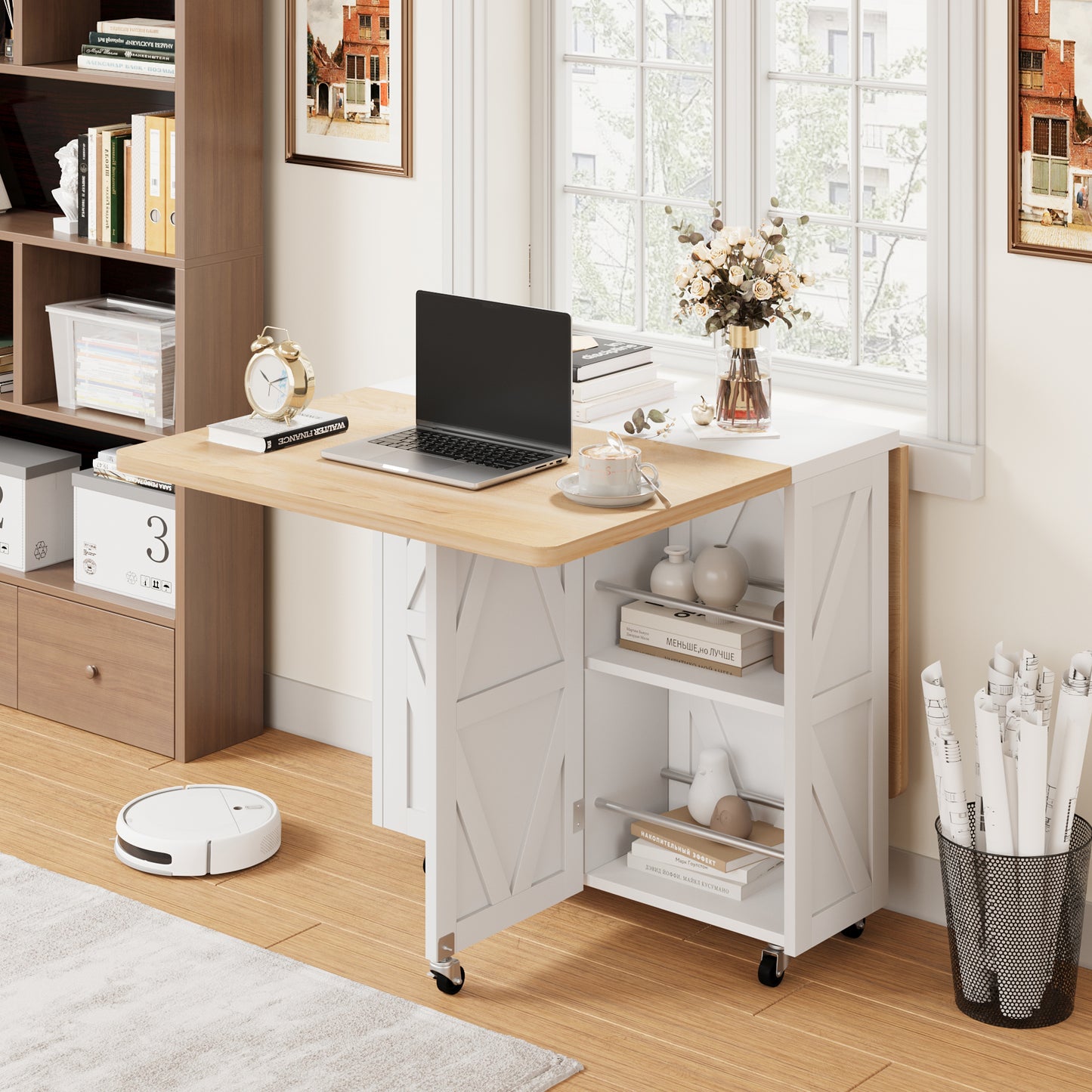 Anyact Space Saving Versatile Folding Kitchen Dining Table with Wheels & Storage Shelf for Small Apartment