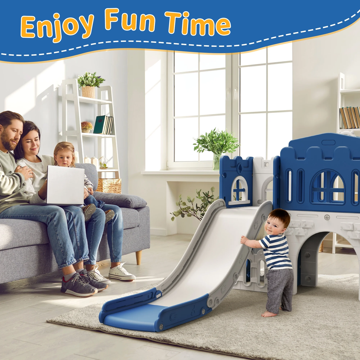 WFUN 9 in 1 Toddler Slide PlaySet for kids indoor/outdoor for Toddlers Age 1+, Blue & Gray