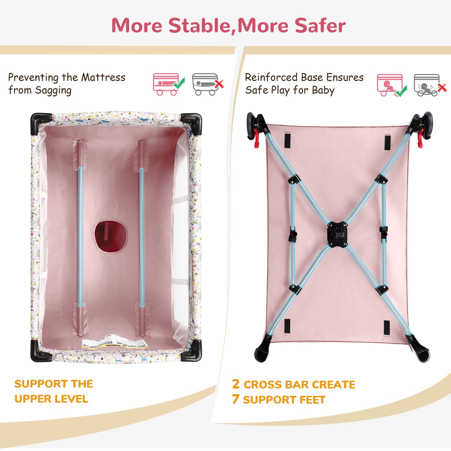 Minikid Baby Playard with Bassinet,Unisex Playpen Include Music Box and Hanging Toys,Portable Crib for Newborn to Toddlers,Pink