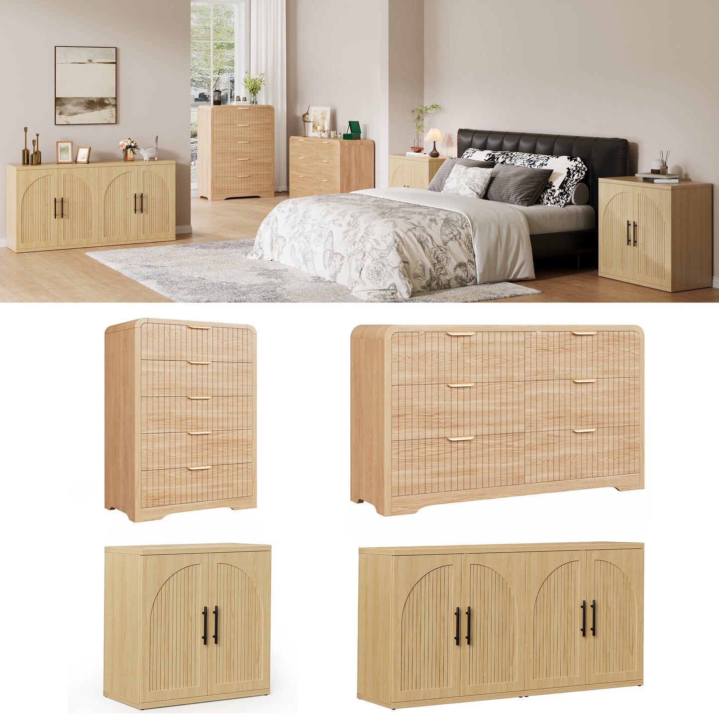 Hijob Fluted 5 Drawers Dresser for Bedroom, 42" Tall Dressers with Metal Handle w/Curved Profile Design, Wood Mid Century Vertical Dresser w/Natural Texture for Bedroom, Living Room, Natural Oak
