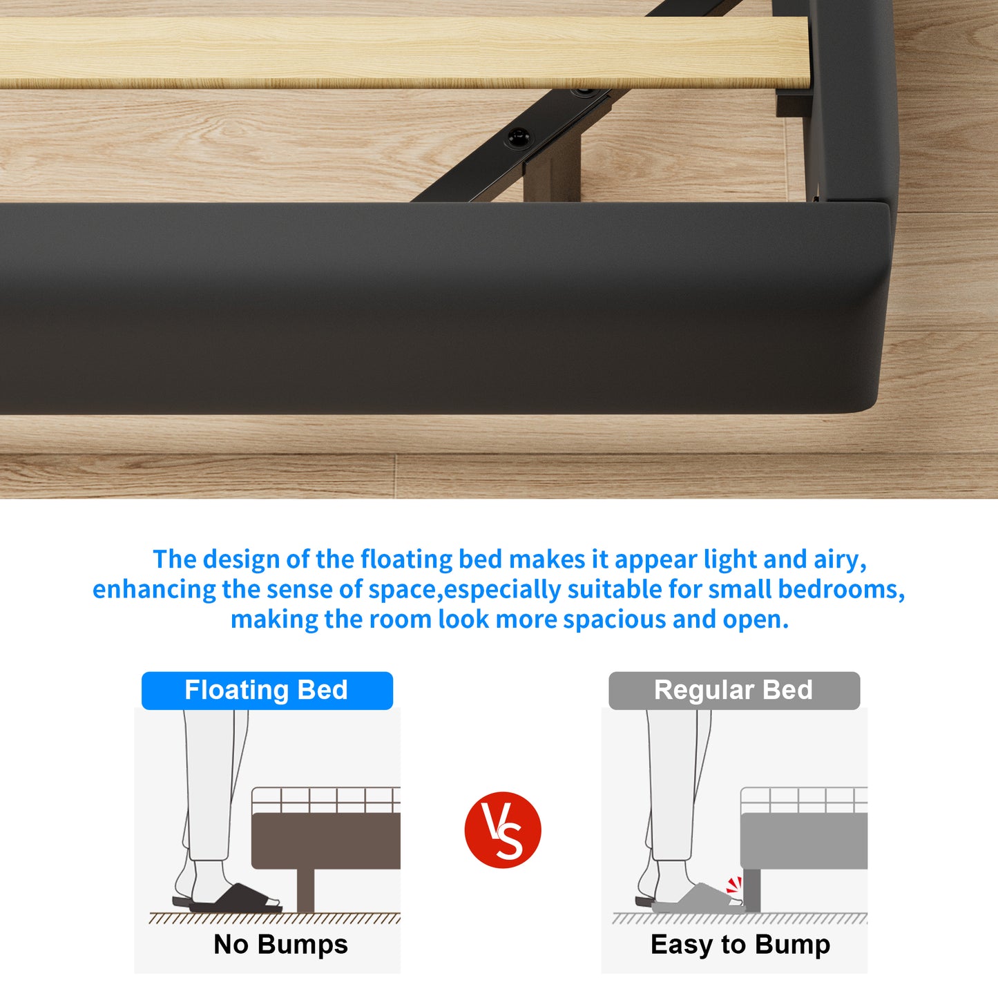 Anyact Floating Upholstered Bed Frame Queen Size with Ergonomic & Adjustable Storage Headboard, Gray