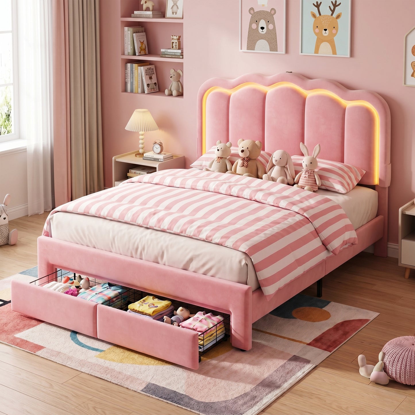 Hijob Full Size LED Bed Frame with Storage Drawers, Velvet Upholstered Platform Bed with Adjustable Headboard, No Box Spring Needed, Pink