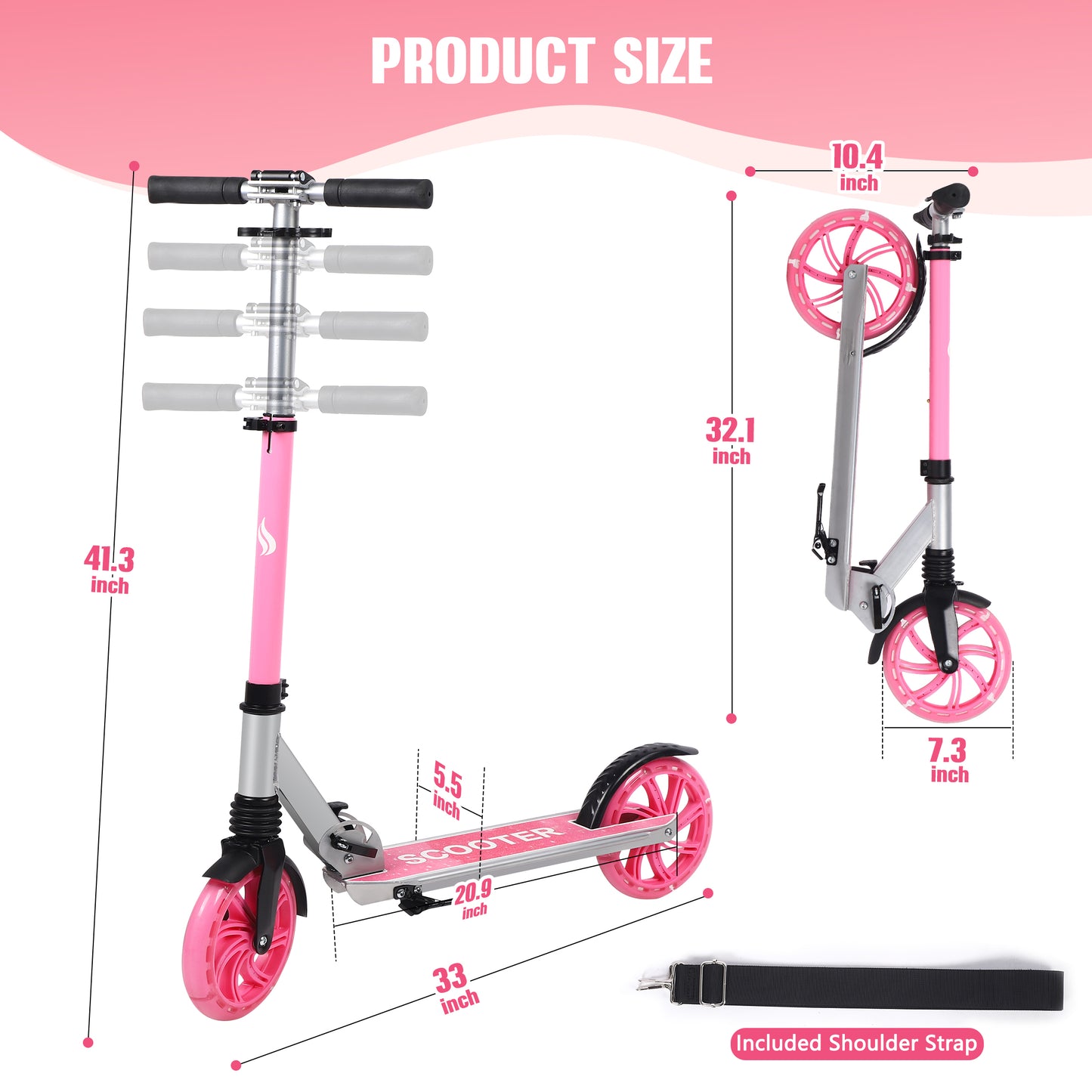 Skyhot Kick Scooter for Ages 6+, Sturdy Wide Deck Rear Brake Scooter for Teens, Pink