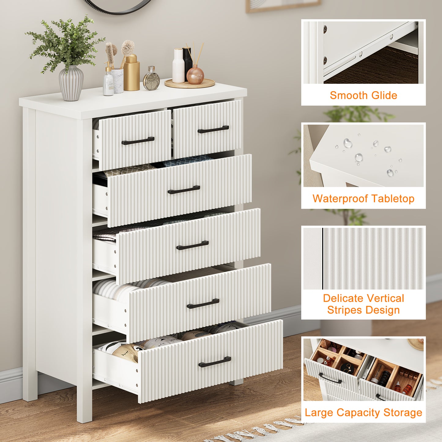 Nifamembo Fluted Dresser with 6 Wood Drawers, Dressers & Chests of Drawers Smooth Metal Rail