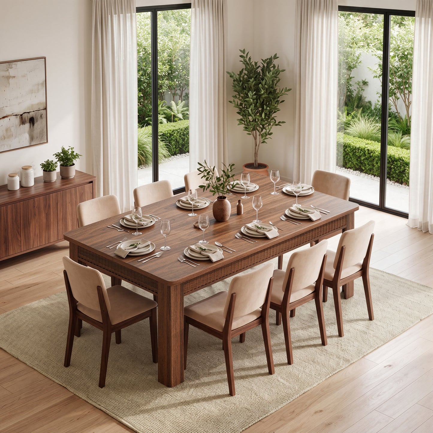 HiJob 70" Dining Table for 6-8 People, Fluted Modern Farmhouse Kitchen Table with 35.5" Extra-Wide Tabletop, Large Rectangular Wood Dining Table, Walnut Finish
