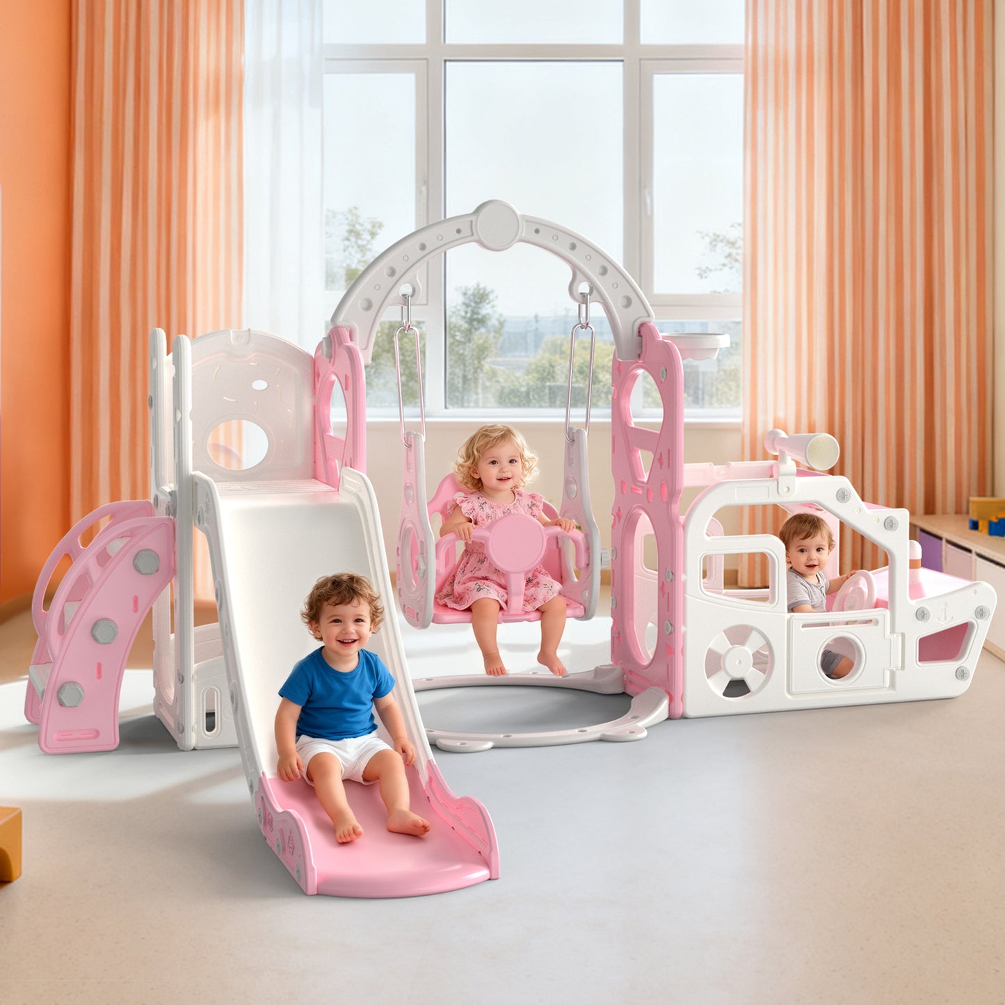 Vipuse 6 in 1 Kid Slide, Indoor and Outdoor Toddler Playground for Girls Age 1-3,Pink