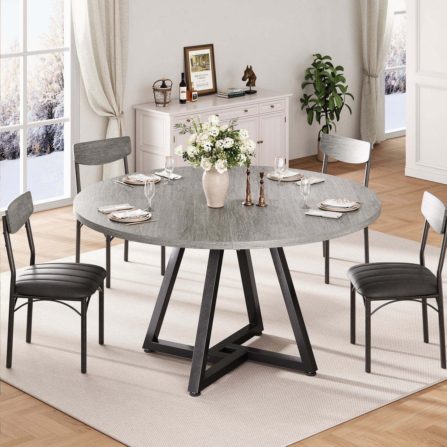 Anyact 47in Round Dining Table for 4, Kitchen Dining Room Circle Dinner Pedestal Table,Kitcen Table Sturdy Wood Kitchen & Dining Room Furniture, Gray