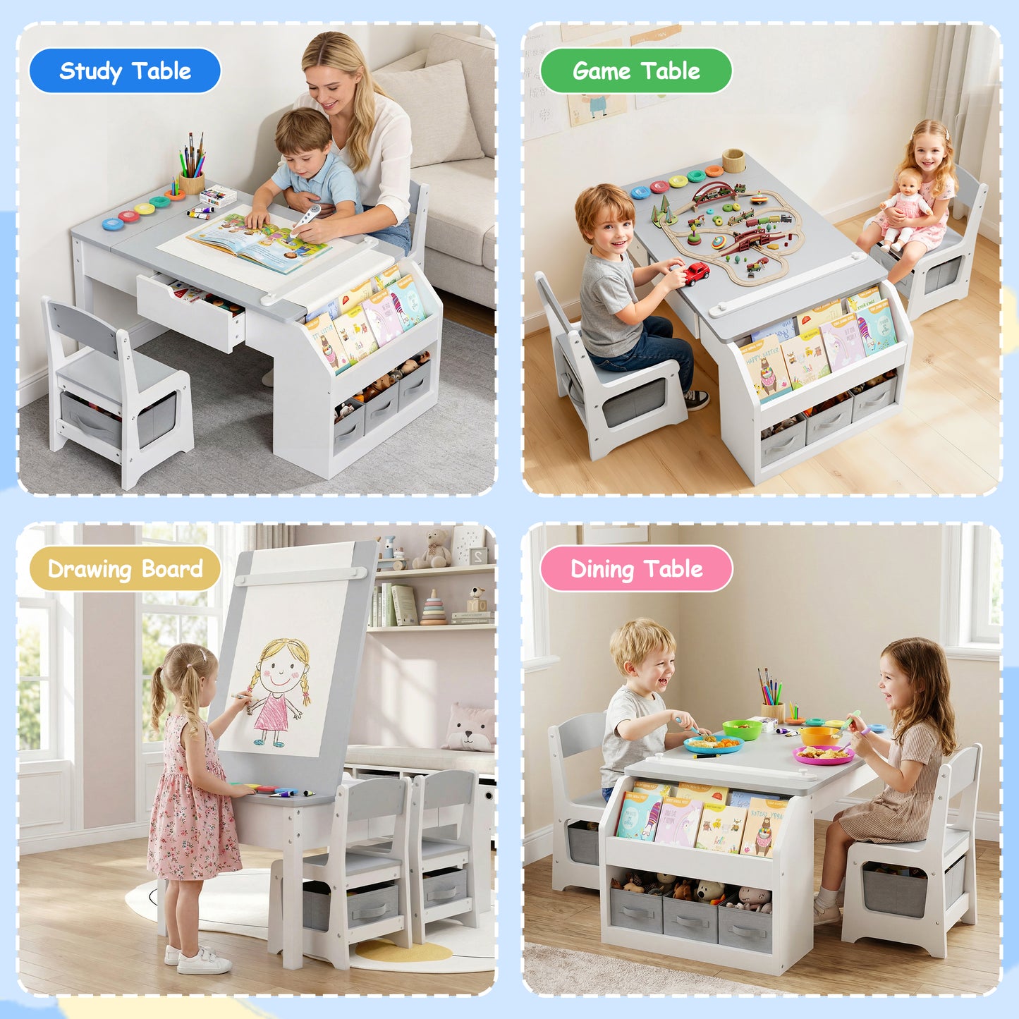 Hijob 5-in-1 Kids Art Table & Chair Set – Convertible Easel with Paper Roll Holder, Storage Drawers & Foldable Craft Desk, Toddler Activity Learning Center for Playroom, Gray