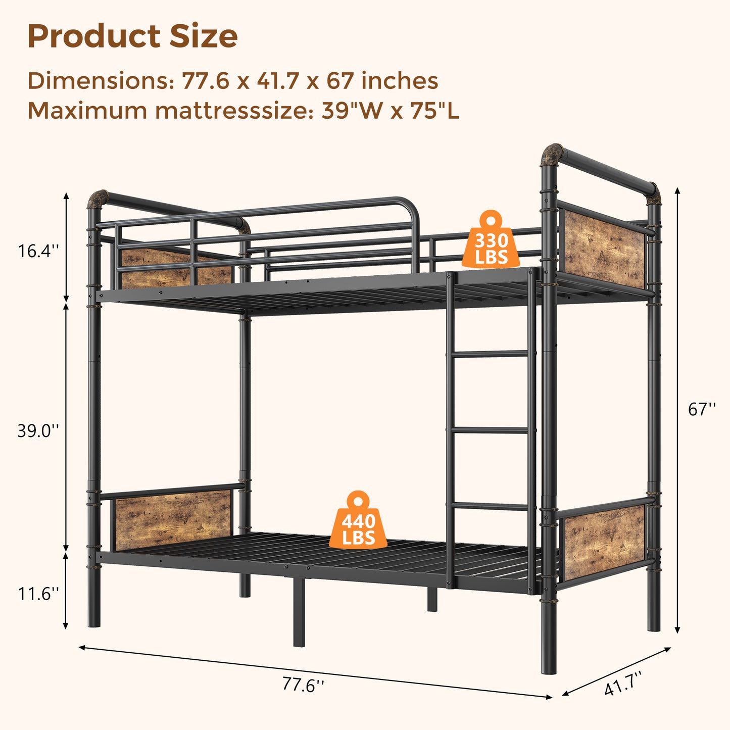 Hijob Twin over Twin Bunk Bed(Convertible into 2 Seperate Beds),Antique Heavy Duty Metal Bed Frame with Storage Bag&Hooks for Adults Teens,Black&Brown