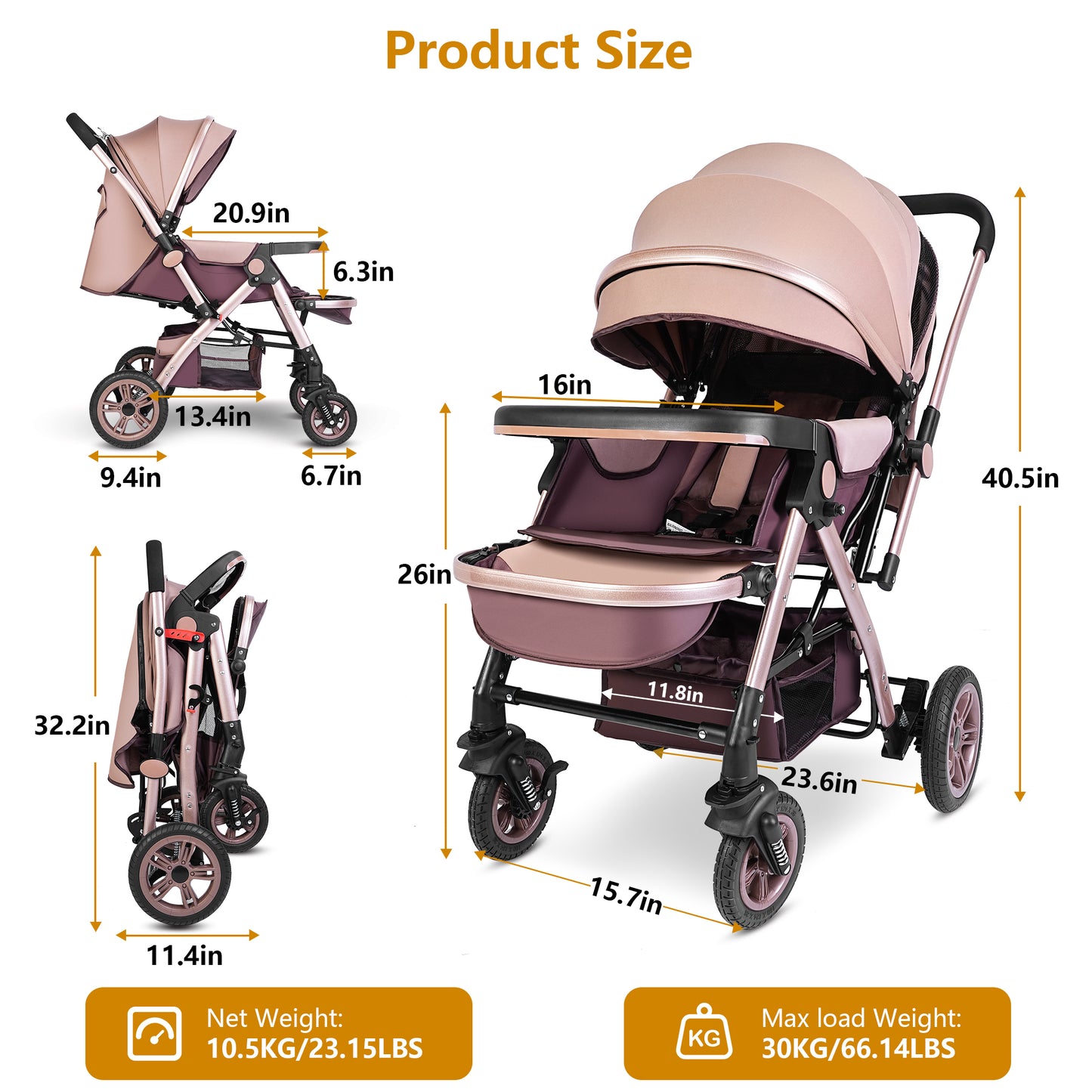 Welbabel Convertible Baby Stroller,One-click Folding Umbrella Stroller Lightweight Travel Stroller for Newborn Baby,Support Two-Way Push,Adjustable Canopy & Backrest