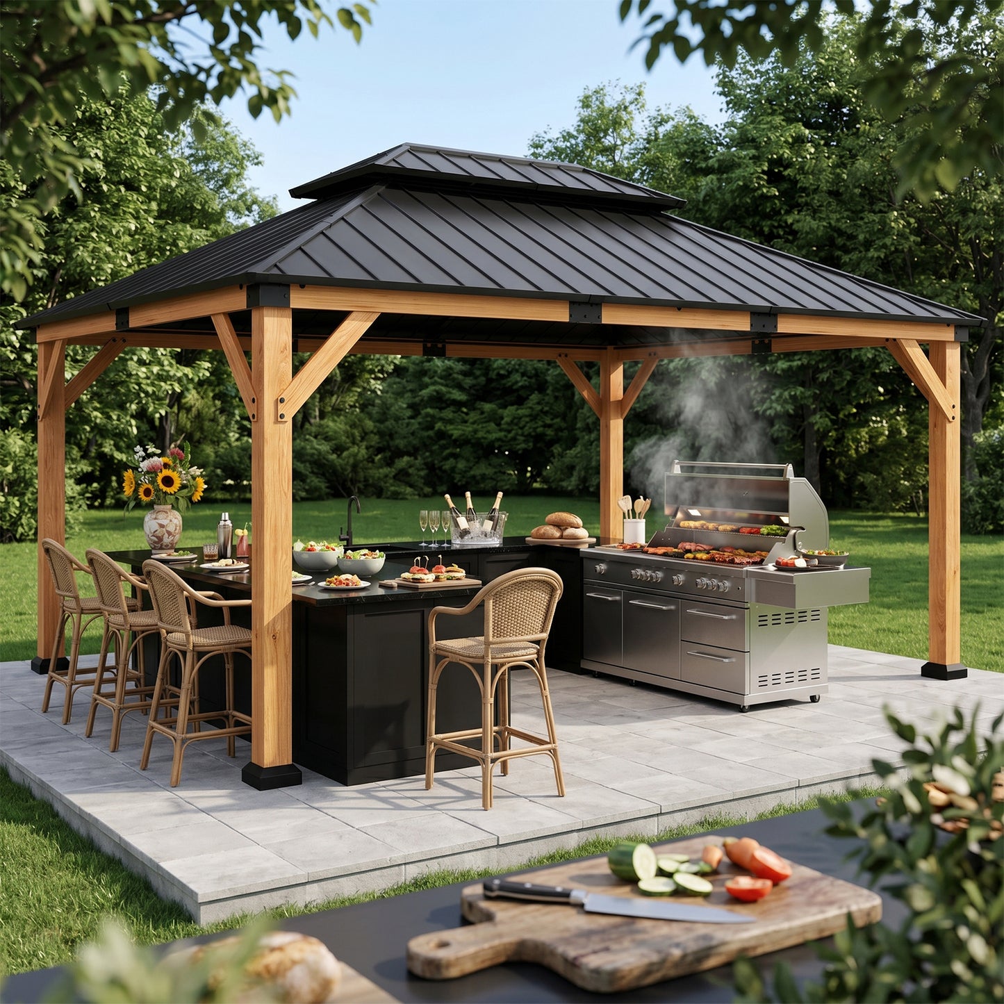 Cocosity 16FT(L) x 12FT(W) x 9.5FT(H) Outdoor Wood Gazebo, Hardtop Gazebo Permanent Wooden Pavilion with Galvanized Steel Double, Roof Snow Support for Patio, Garden, Deck, Cedar Wood
