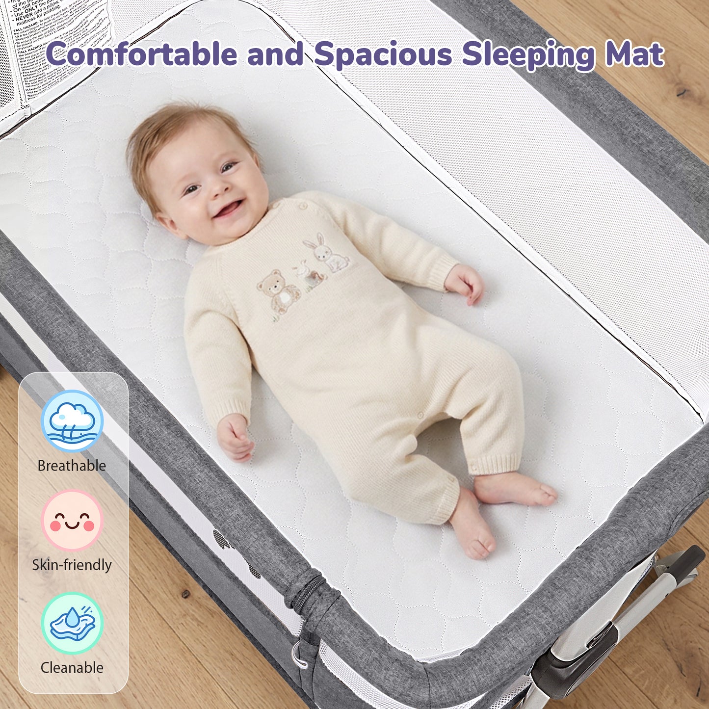 Minikid 3-in-1 Baby Bassinet Bedside Sleeper, 6 Height Adjustments, Full Mesh Breathable, Portable Newborn Baby Crib with Storage Basket,Dark Gray