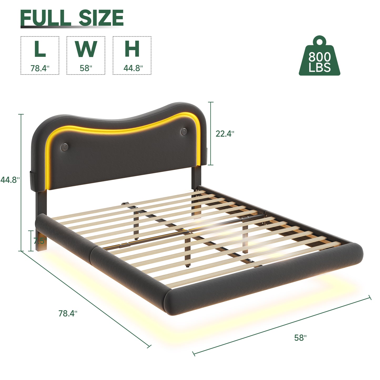 Anyact Full Size Floating Bed Frame with Led & Charging Station, Velvet Upholstered Bed Frame with Floating Metal Platform Bed, Black