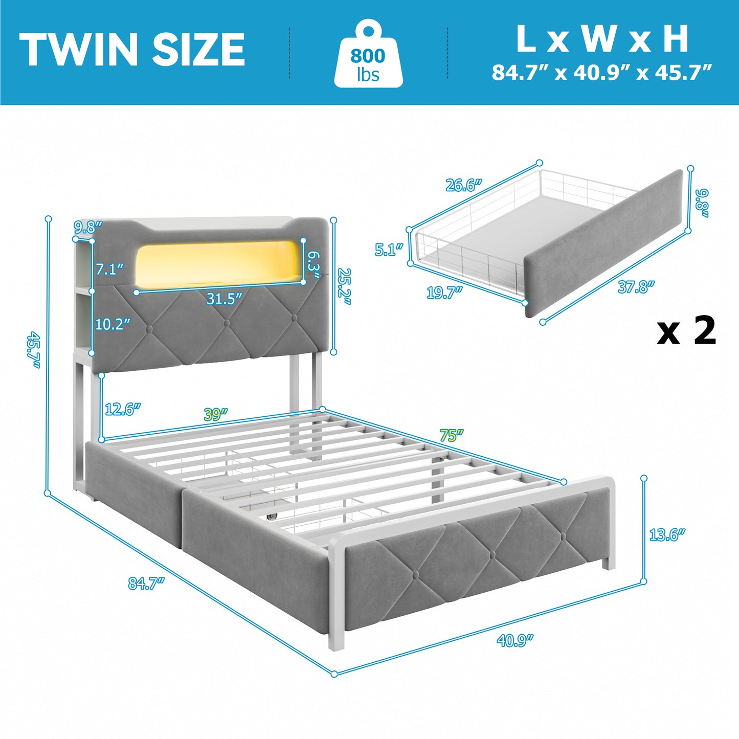 Anyact Twin size Bed frame with 2 storage drawers and Headboard Metal Platform Bed Frame & LED Light Headboard, Built in Charging Station and Easy Assembly/Noise-Free, Gray