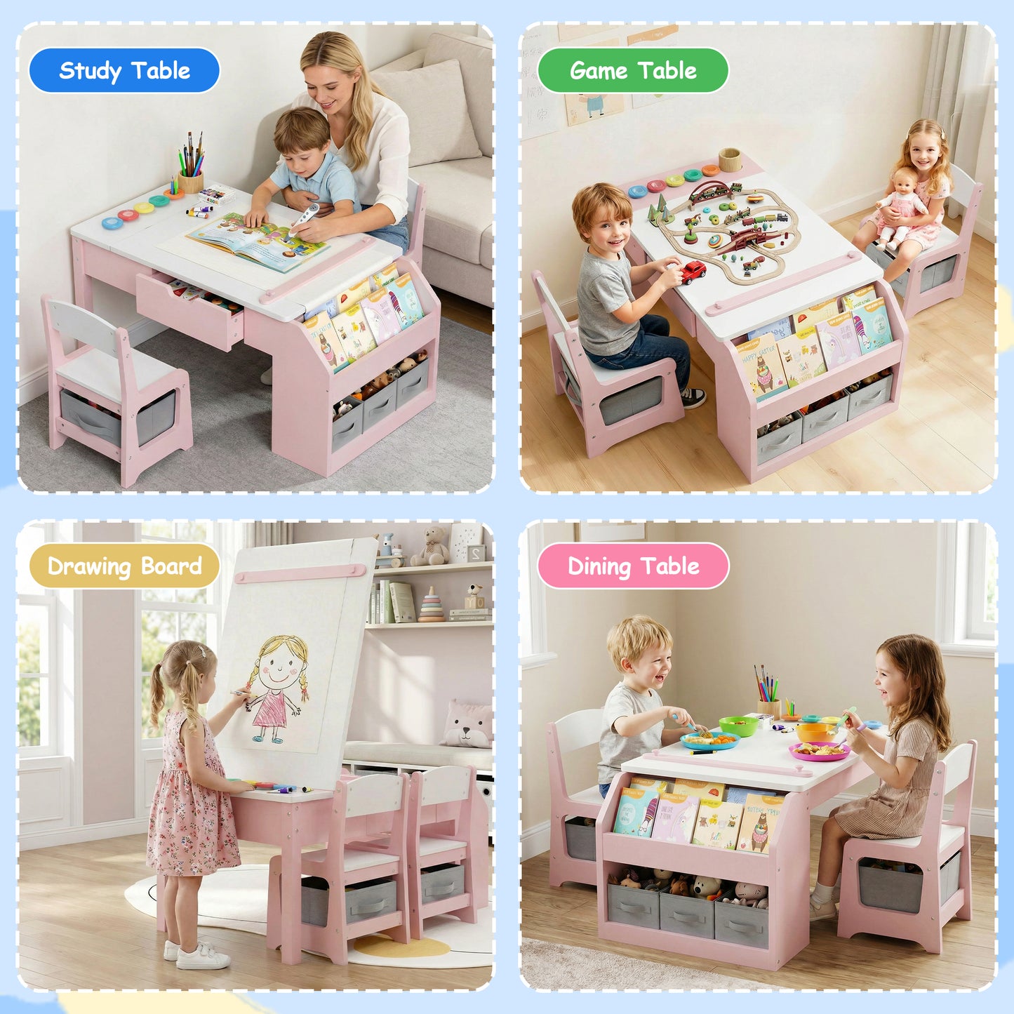 Hijob 5-in-1 Kids Art Table & Chair Set – Convertible Easel with Paper Roll Holder, Storage Drawers & Foldable Craft Desk, Toddler Activity Learning Center for Playroom, Pink