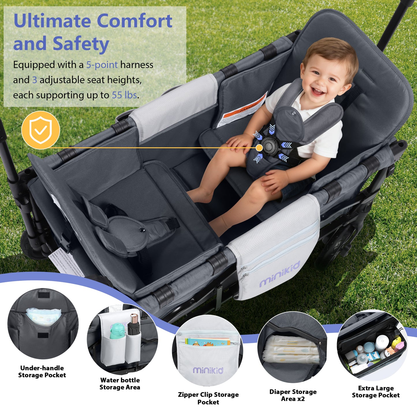 Minikid Stroller Wagon for 2 Kids, Baby Wagon Stroller with Adjustable Handle for Infants and Toddlers Includes Canopy & Organizer, Foldable and Convenient for Storage