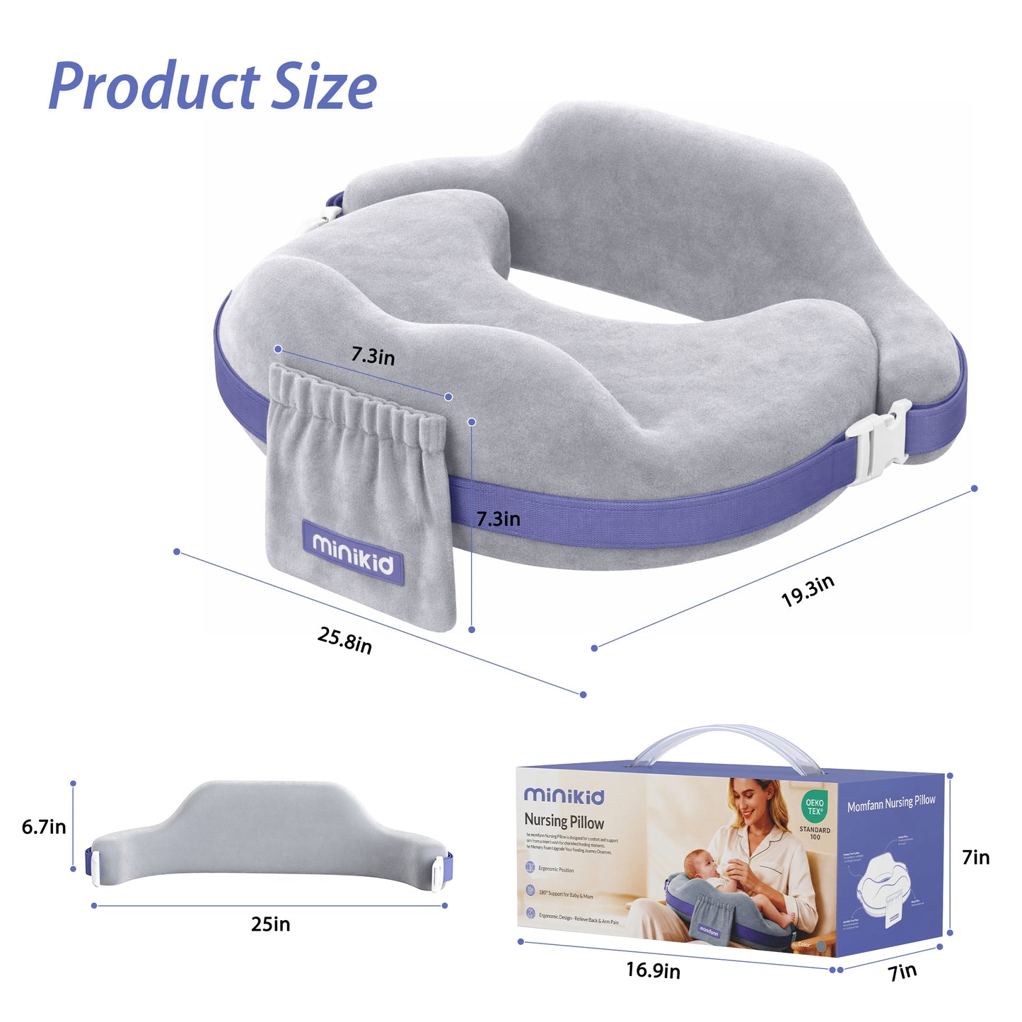 Minikid Nursing Pillow for Breastfeeding,60D Firm Memory Foam, Ergonomic Design with Lumbar & Arm Support, Safety Fence, Adjustable,Safe and Comfortable Feeding