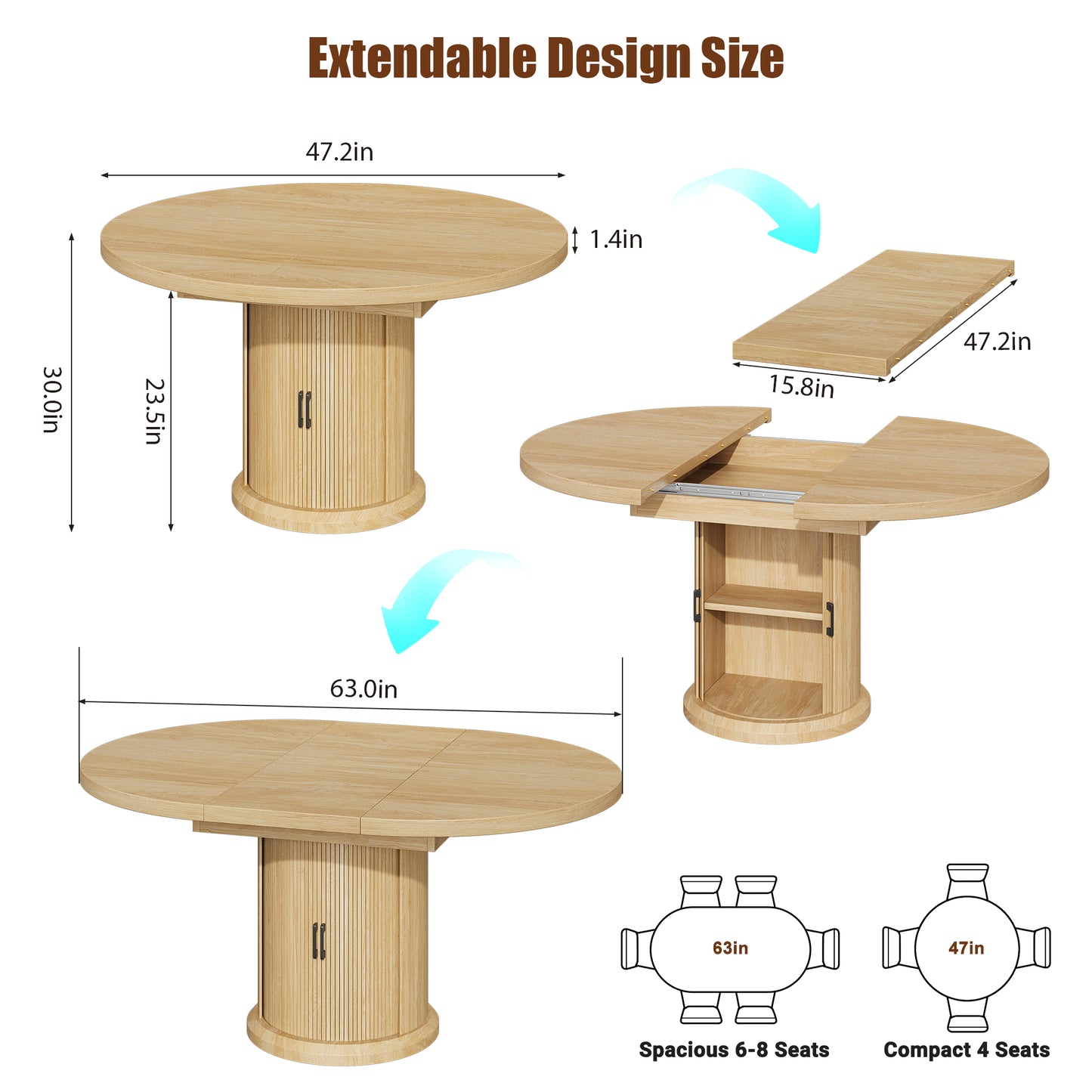 Hijob 47″–63″ Extendable Dining Table with 2 Tier Storage Cabinet - Oval Dining Table Convertible Round Kitchen Table for 4-8 People, Natural