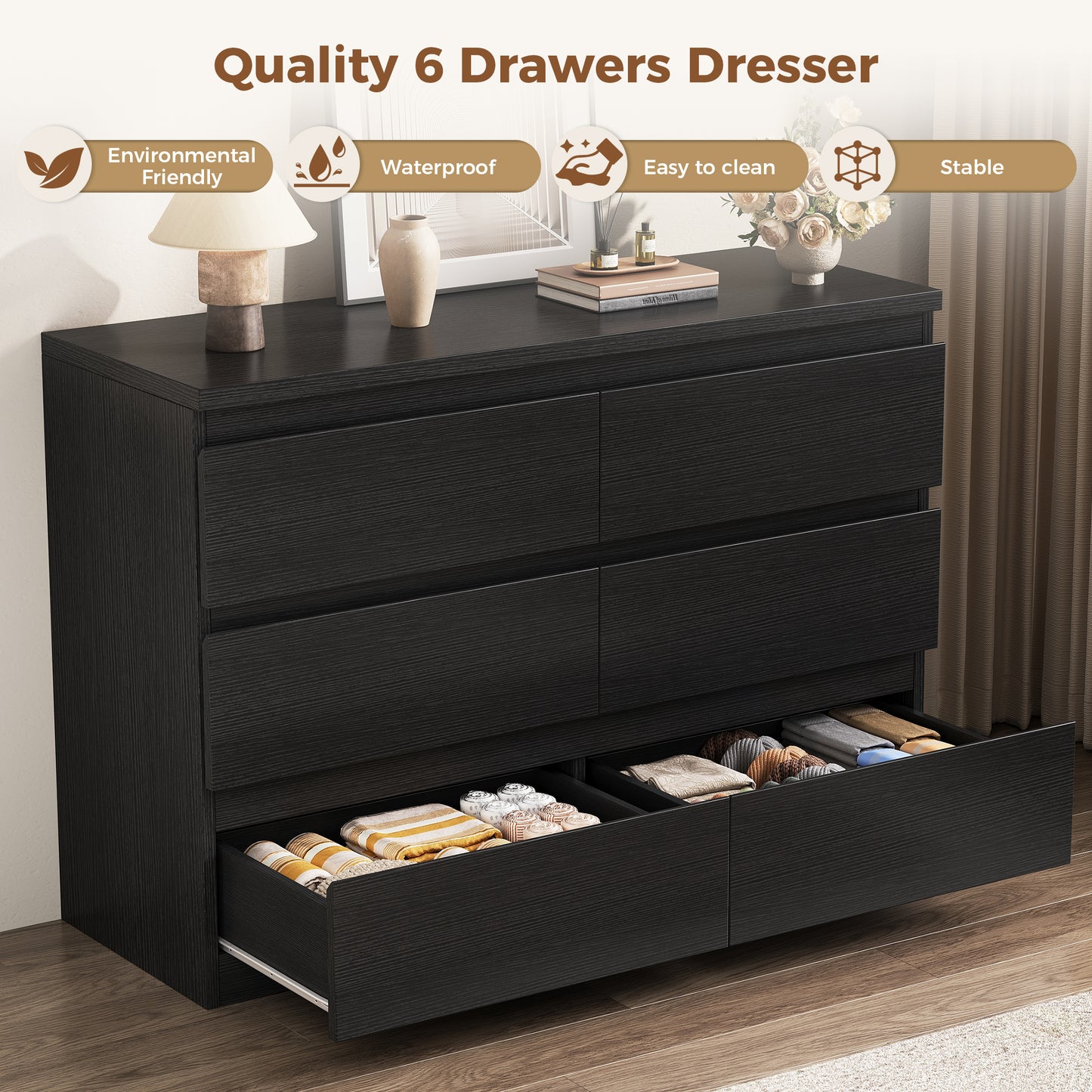Hijob 6-Drawer Dresser, Modern Dresser 47.3" W x 15.4" D x 32.3" H Sturdy Simply Chest of Drawers, Handle-Free Storage Organizer and Deep Drawers for Bedroom Living Room Entryway, Black
