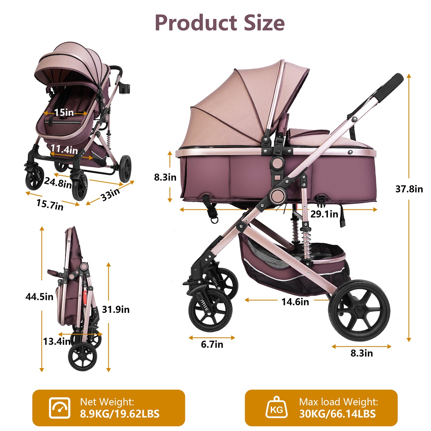 Welbabel Convertible Baby Stroller,Foldable Coches Para Bebes,Travel Stroller with Adjustable Canopy,Removable Footmuff, Adjustable Backrest,Newborn Bassinet Pram for 0-36 Months Baby,Brown