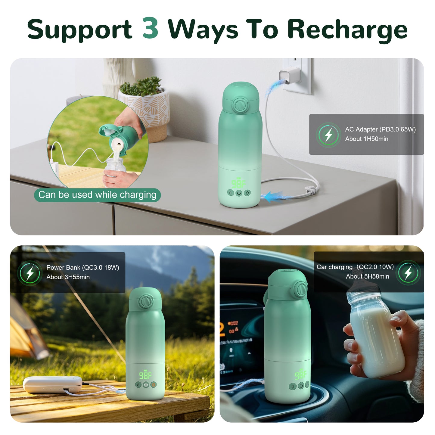 Minikid Upgraded Bottle Warmer for Baby , Dual Heating Modes for Breast Milk and Water, 12 OZ Portable Milk Warmer, Green