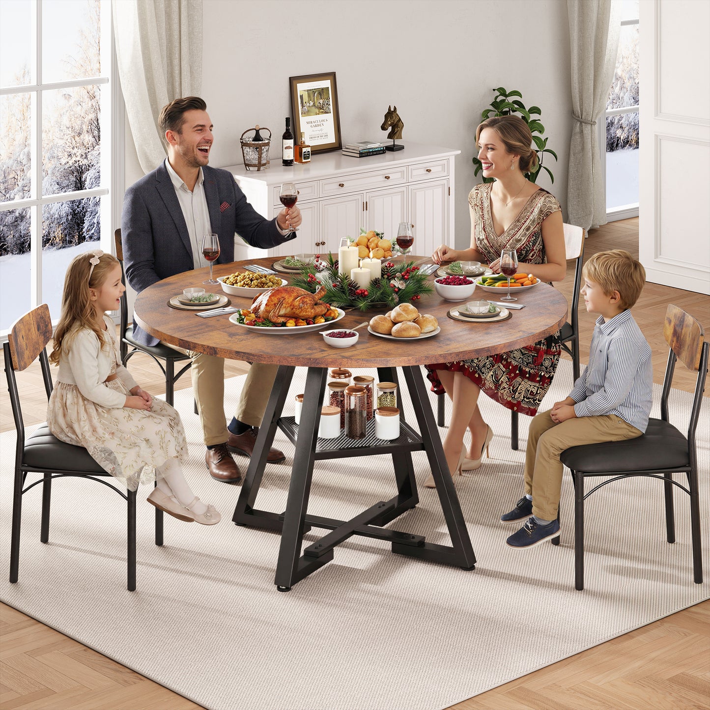 Hijob 47 inch Wood Dining Table for 4, Round Kitchen Dining Table with Storage Shelf for Home Dining Room Living Room, Brown(Only Table)