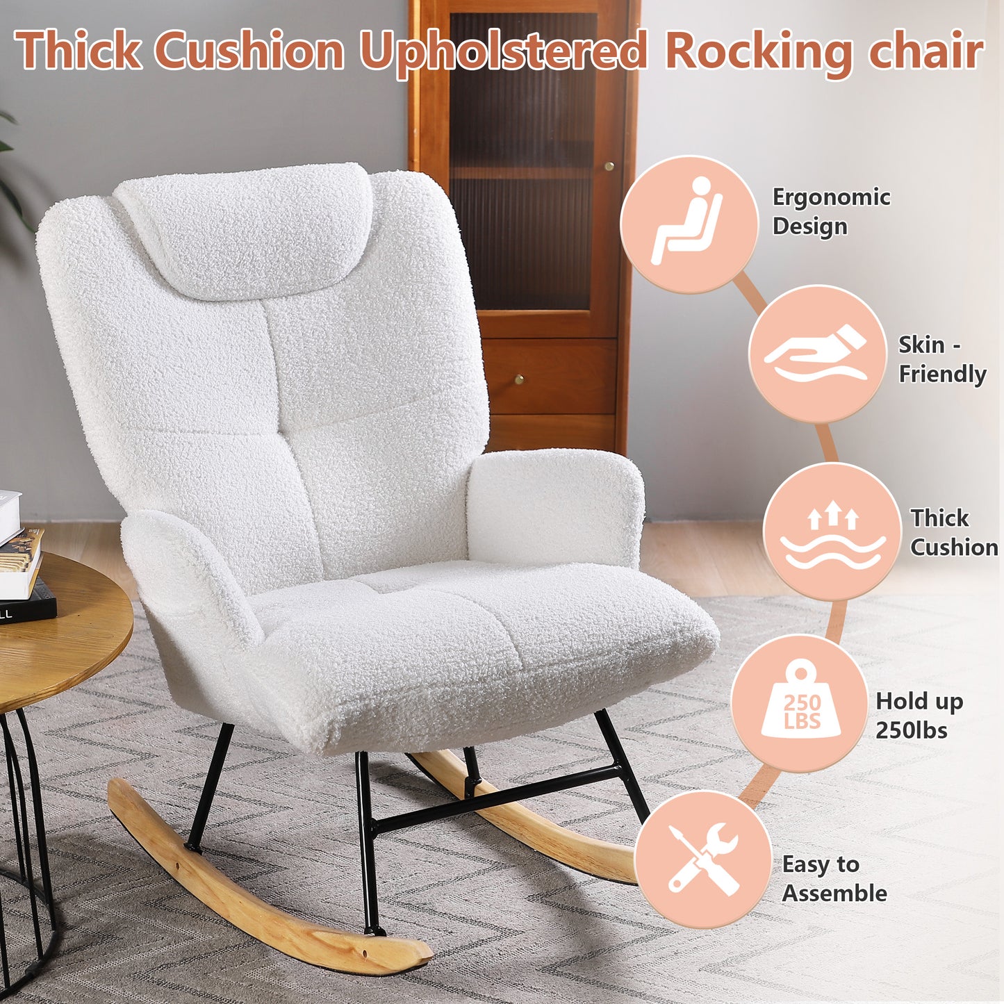 Nifamembo Teddy Rocking Chair Nursery with High Backrest, Modern Rocking Chairs for Living Room, Nursery, Bedroom